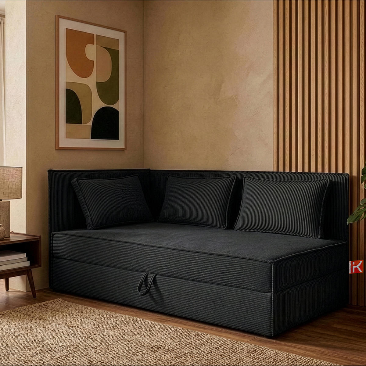JUGENDBETT ROTI Einzelbett mit Bettkasten, 90x200cm, Bett mit Bonellmatratze, mit Rückenlehne - Schwarz, Holz/Holzwerkstoff (92/200cm) - KONSIMO®