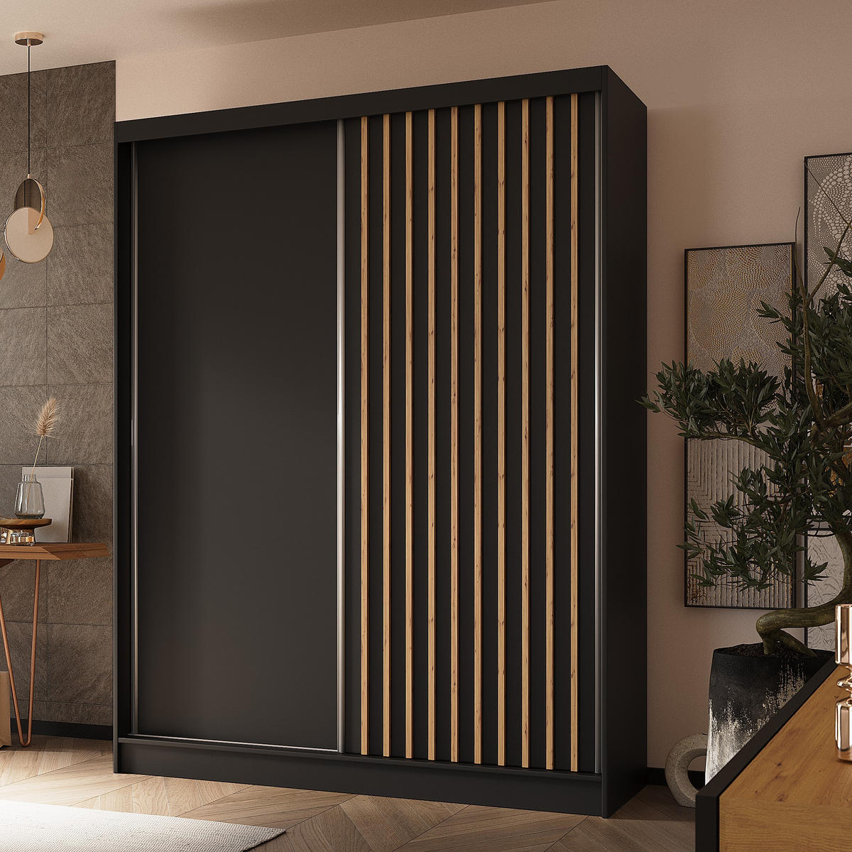 SCHWEBETÜRENSCHRANK LAMELLO 160/216/61 cm 2-türig Schwarz - Schwarz, Holzwerkstoff (160/216/61cm) - MASSENO