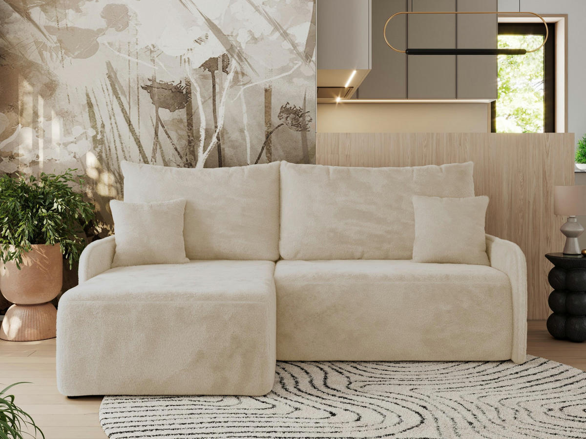ECKSCHLAFSOFA ARPA L Creme Plüsch - links - Creme/Schwarz, Kunststoff/Textil (198/150cm) - MKS