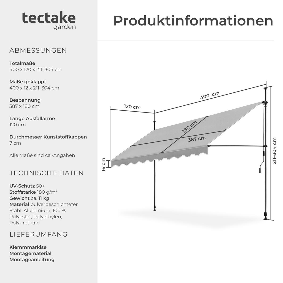 KLEMMMARKISE MIT HANDKURBEL , wasserabweisend, hellgrau - Hellgrau, Textil (400/304/180cm) - tectake