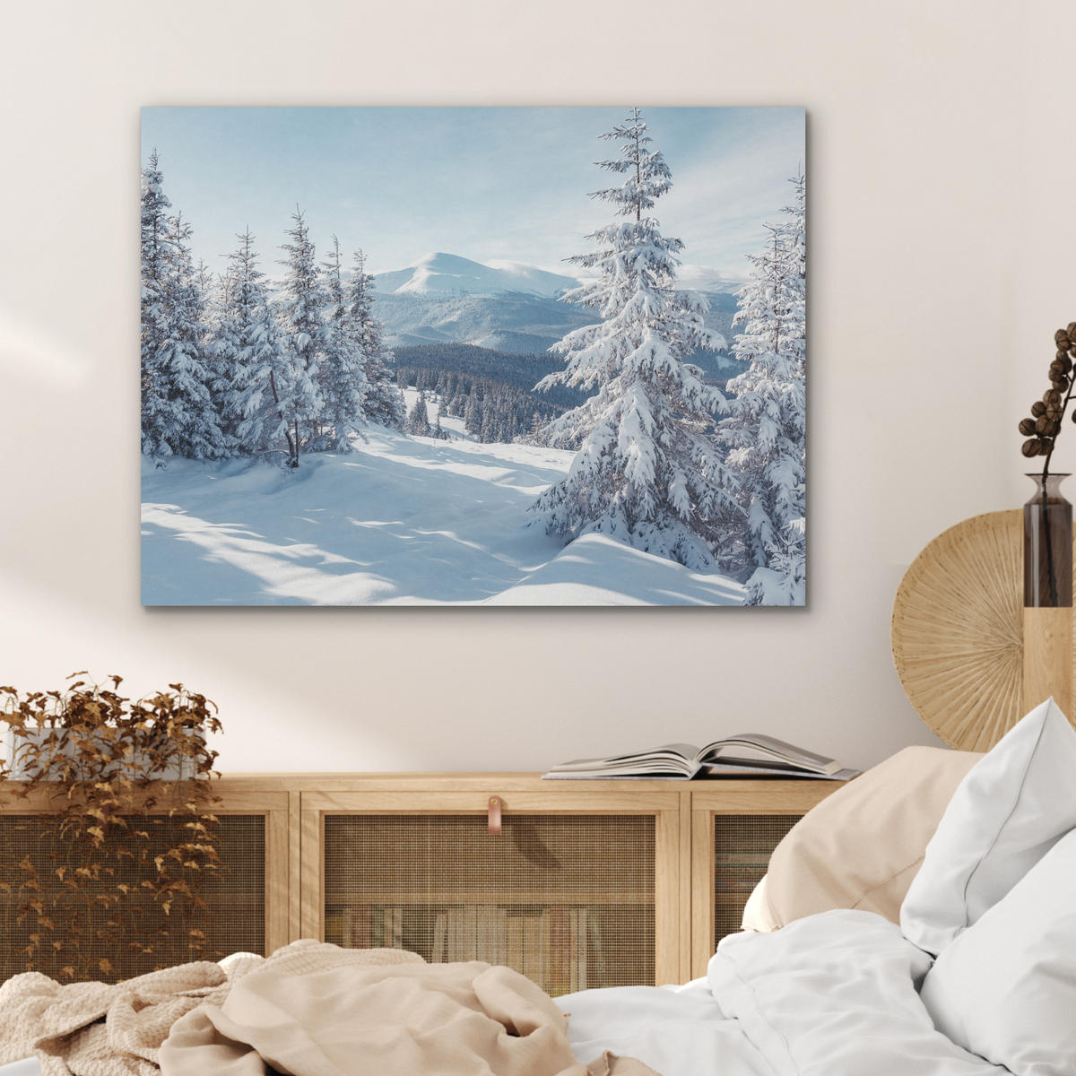 AKUSTIKPANEEL Winterlandschaft - Natur - Berge - Bäume - Schnee 80x60 cm - Hellblau, Textil (80/0.9/60cm) - MuchoWow
