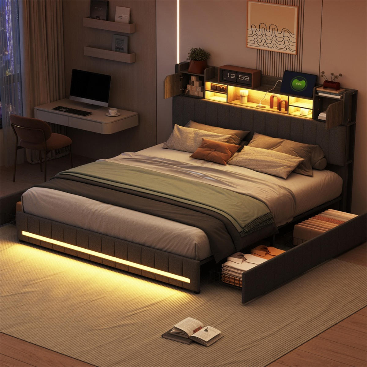 POLSTERBETT 140x200cm - Doppelbett 140x200cm mit Schubladen - RGB-LED-Beleuchtung - ohne Matratze - Grau - Grau, Textil (140/200cm) - DELFA