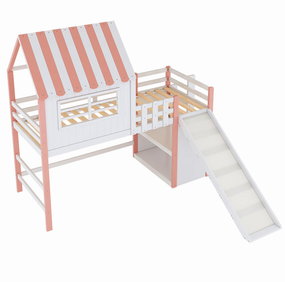 HOCHBETT 90/200 cm Rosa Dachboden-Design mit Rutsche und Staufächern mit Matratze - Rosa, Holzwerkstoff (90/200cm) - OKWISH