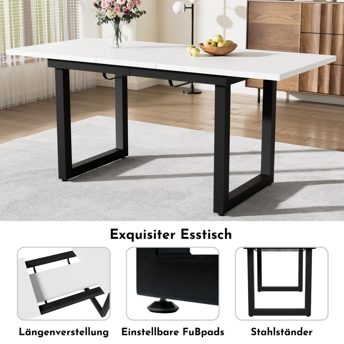 ESSTISCH ausziehbar MDF Metall White/Black 2-farbig - Weiß, Metall (180/80/75cm) - Meubliv
