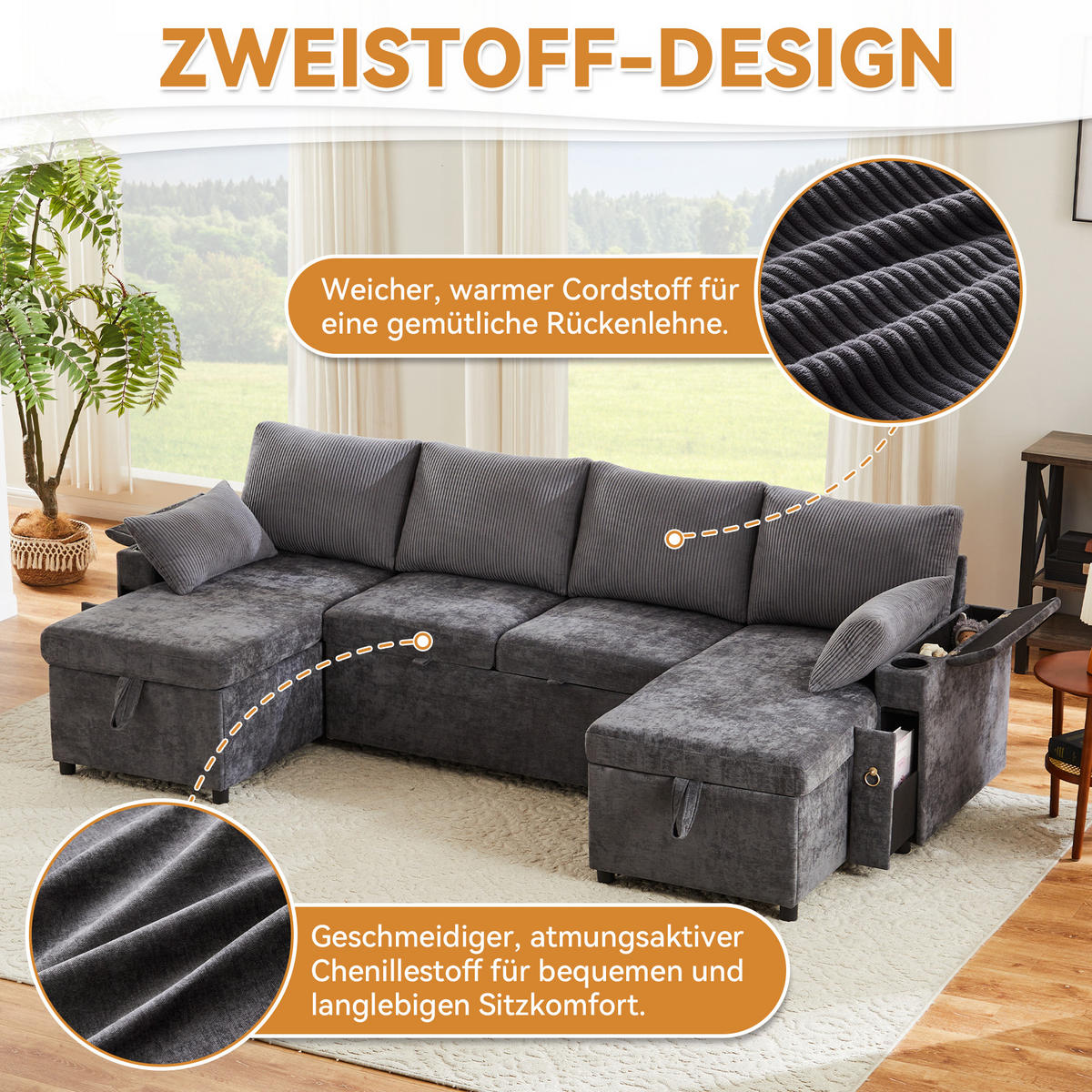 SCHLAFSOFA U-Form mit Getränkehaltern und Stauraum, Grau - Grau, Textil (272/84/131cm)