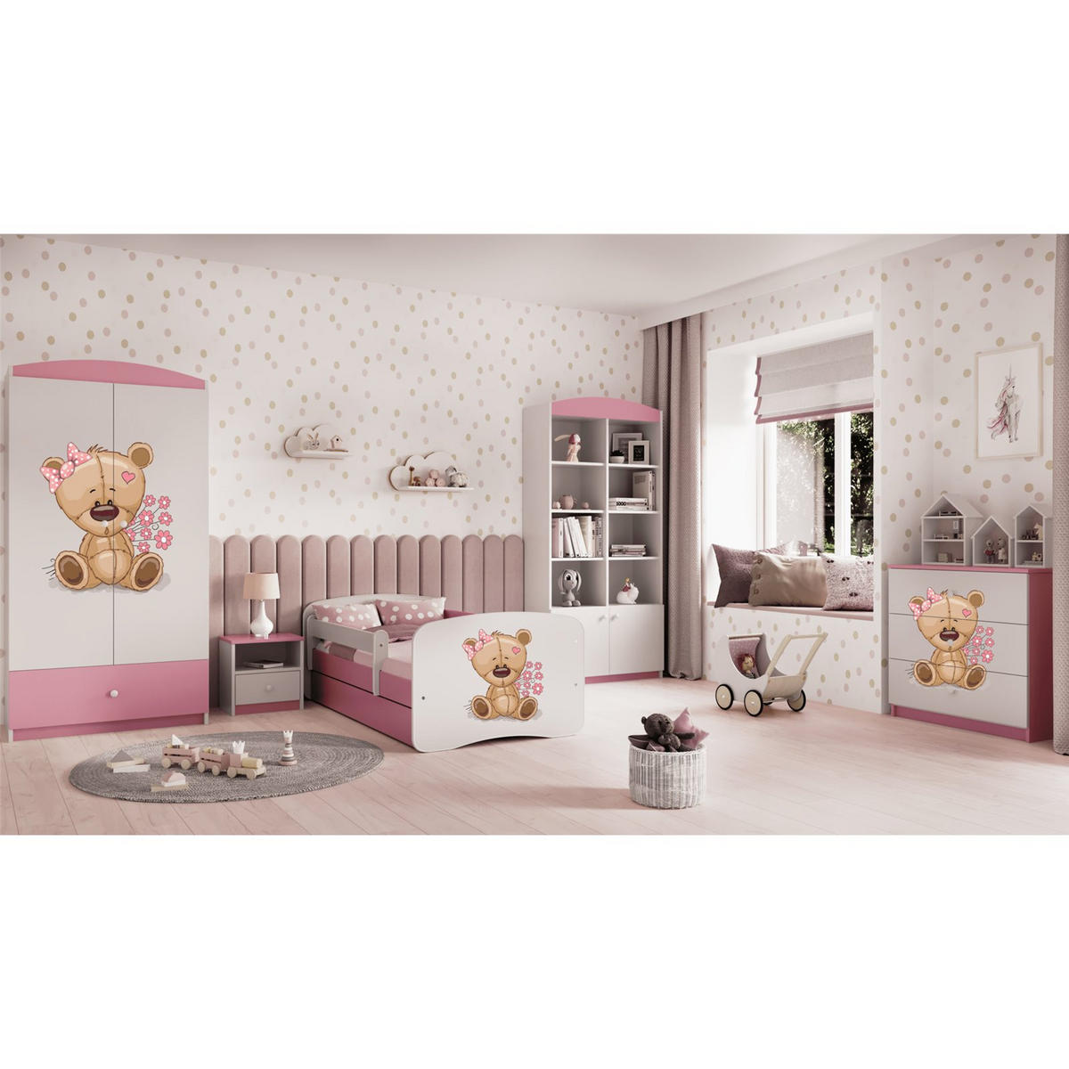 DETSKÁ POSTEĽ Medvedík s kvetinami so zásuvkou a matracom 160/80 - ružová, kompozitné drevo (80/160cm) - RAUMHIRSCH FURNITURE