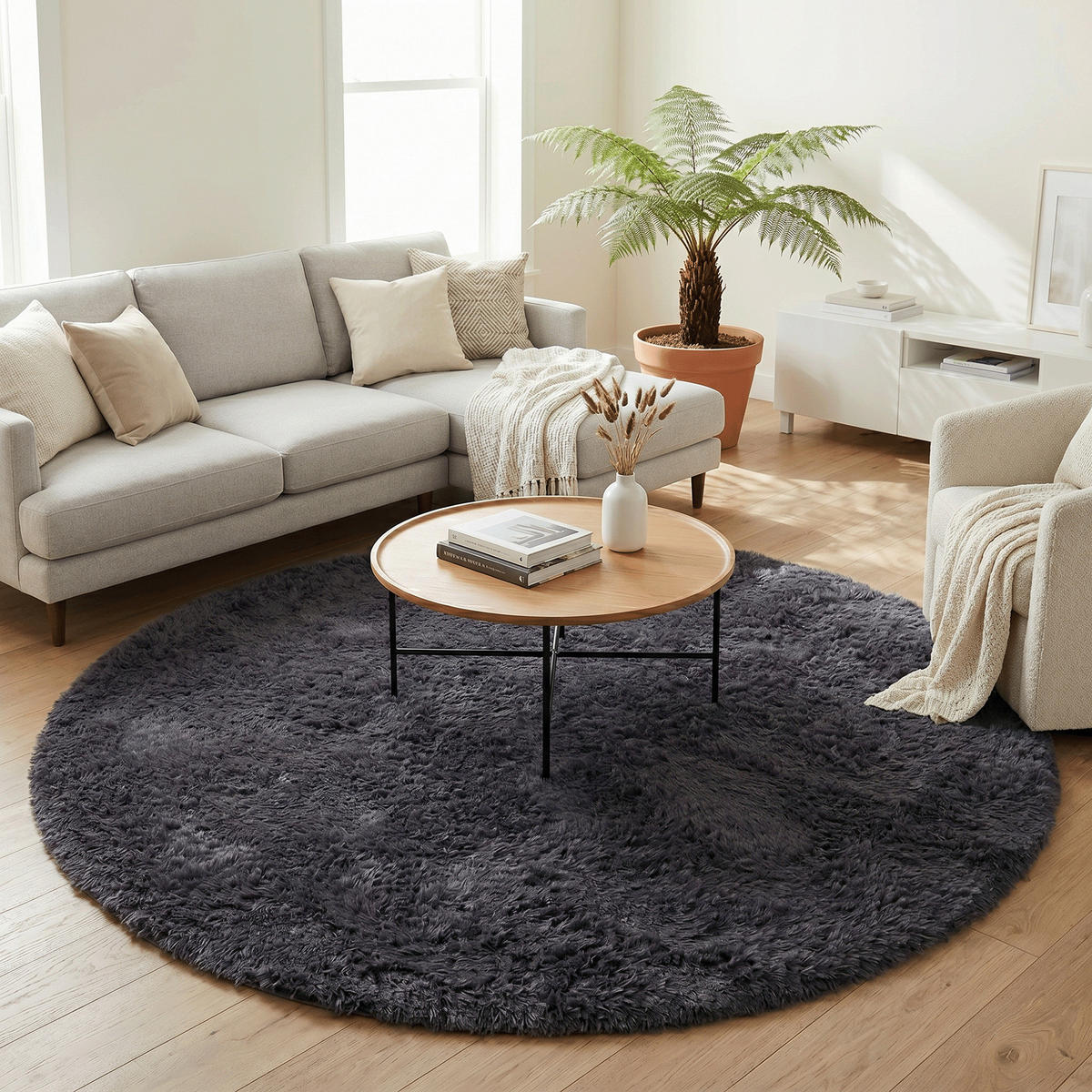 HOCHFLOR SHAGGY TEPPICH FLUFFY RUND - Anthrazit, Textil (120/120cm) - Pergamon
