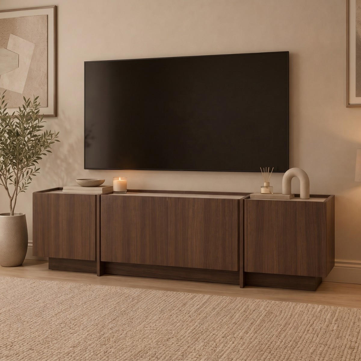 TV skříňka se 4 dveřmi, šířka 180 cm - ARVEN - hnědá, kompozitní dřevo (35/46/180cm) - Calicosy