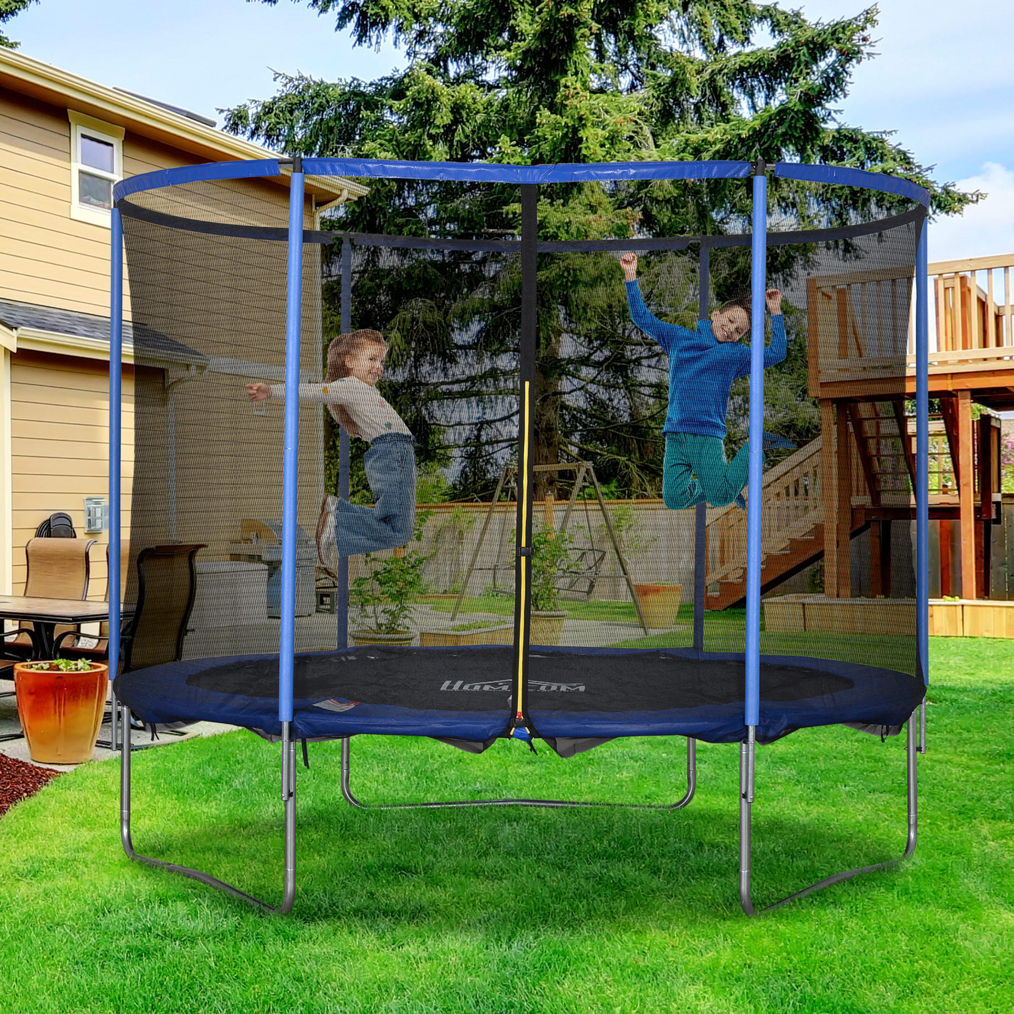 TRAMPOLIN mit Sicherheitsnetz, Stahl, Blau+Schwarz, bis 113,6 kg - Multicolor, Kunststoff (248/248/305cm) - HOMCOM