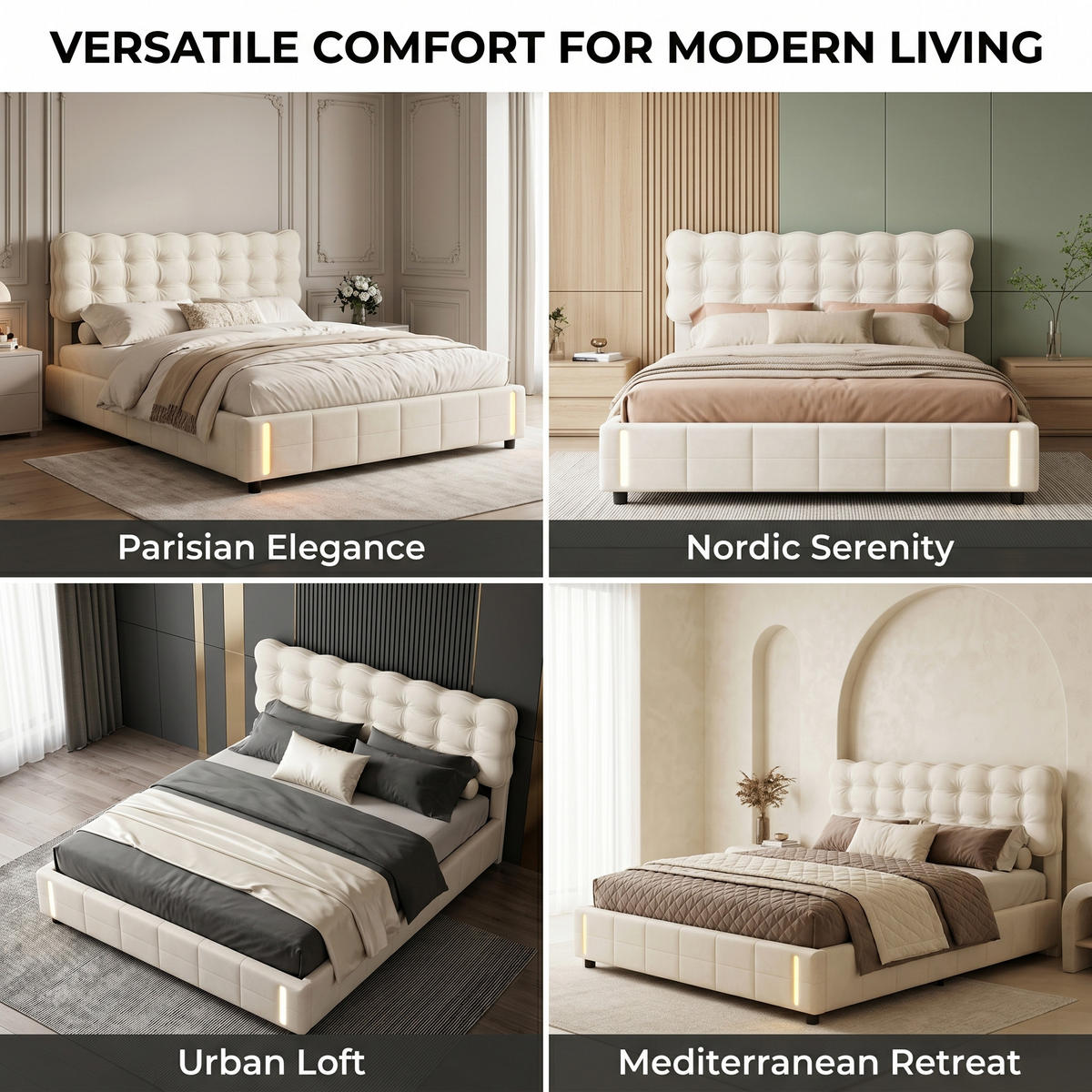 POLSTERBETT Eleganz 140/200 cm mit Bettkasten & Bewegungsmelder Samtoptik Beige - Beige, Textil (140/200cm) - Creahappy