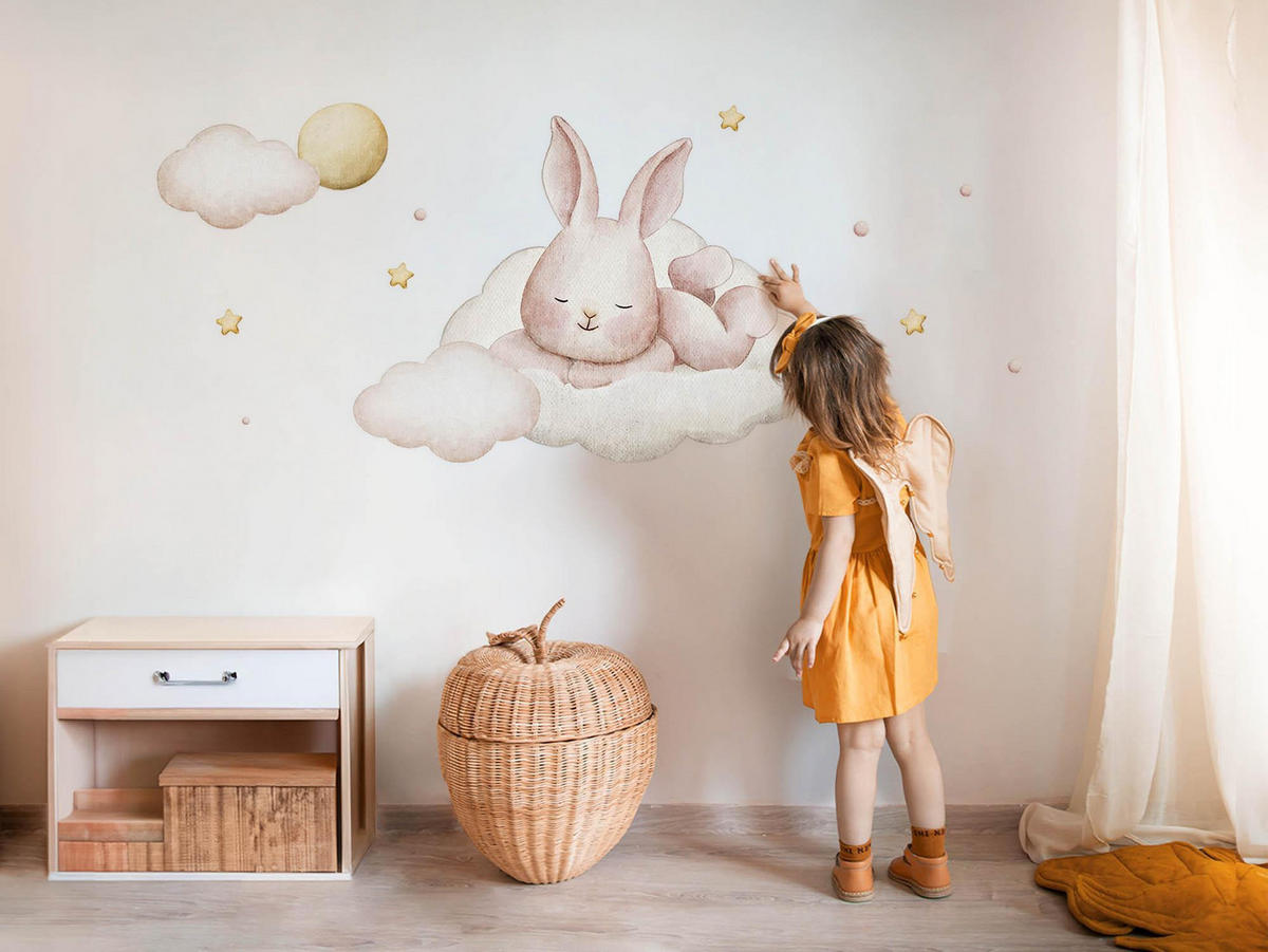 WANDAUFKLEBER 80x69cm - Ein Häschen auf den Wolken - Multicolor, Kunststoff (80/69/0.1cm) - Wallfluent