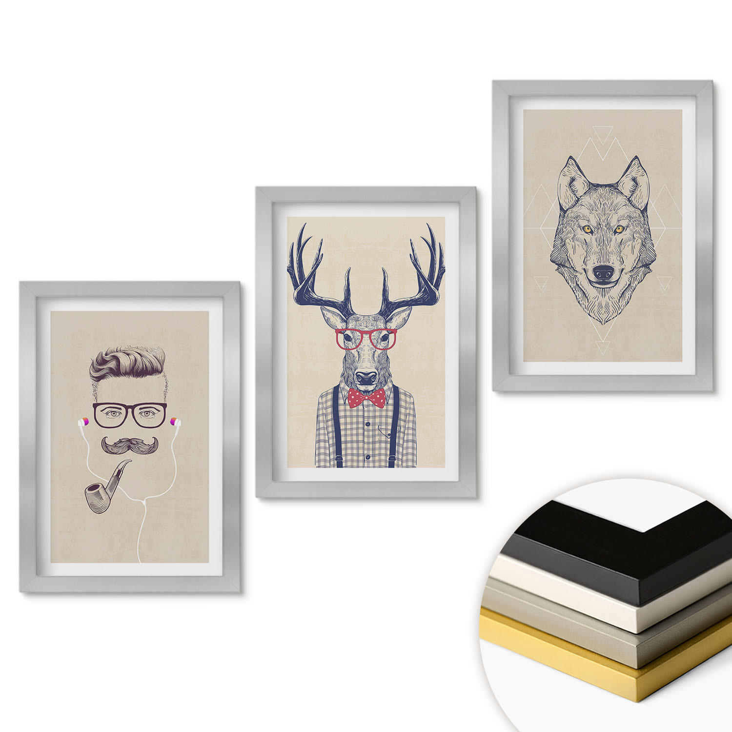 WANDBILDER 3er Set - 20x30 cm Silberner Rahmen - Stilvolle Tierporträts - Silberfarben, Kunststoff (20/30cm) - ArtPrintCave