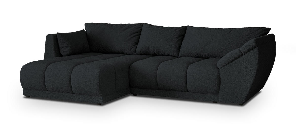 ECKSOFA ORENTI L-S Schwarz Boucle-Stoff mit Schlaffunktion - Schwarz, Holz (287/182cm) - MASSENO