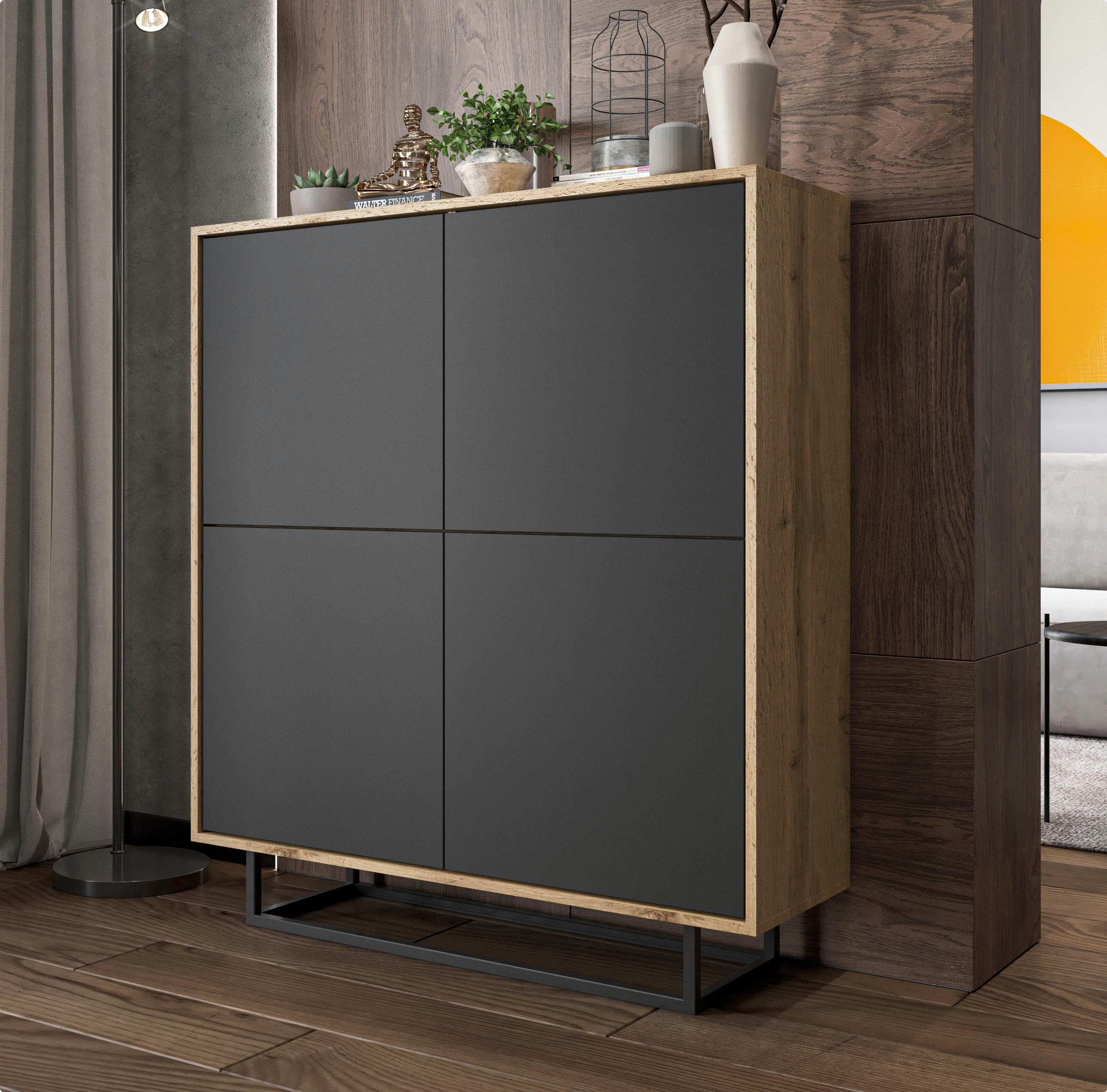 KOMMODE Apollo 4D Eiche wotan Graphit Matt 113 cm - Graphitfarben/Schwarz, Holzwerkstoff/Metall (113/127/35cm) - Meble Lindner