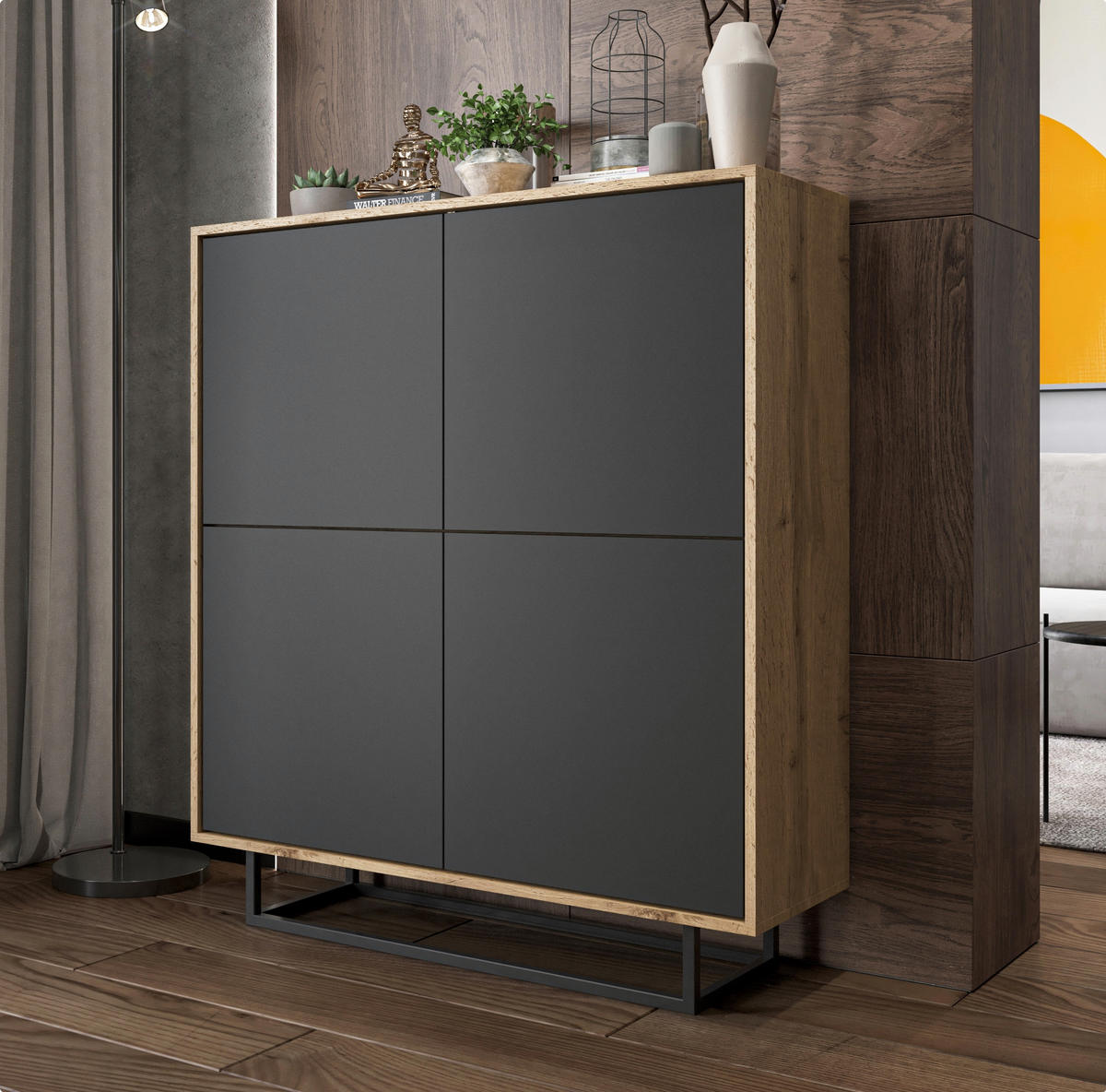 KOMMODE Apollo 4D Eiche wotan Graphit Matt 113 cm - Graphitfarben/Schwarz, Holzwerkstoff/Metall (113/127/35cm) - Meble Lindner