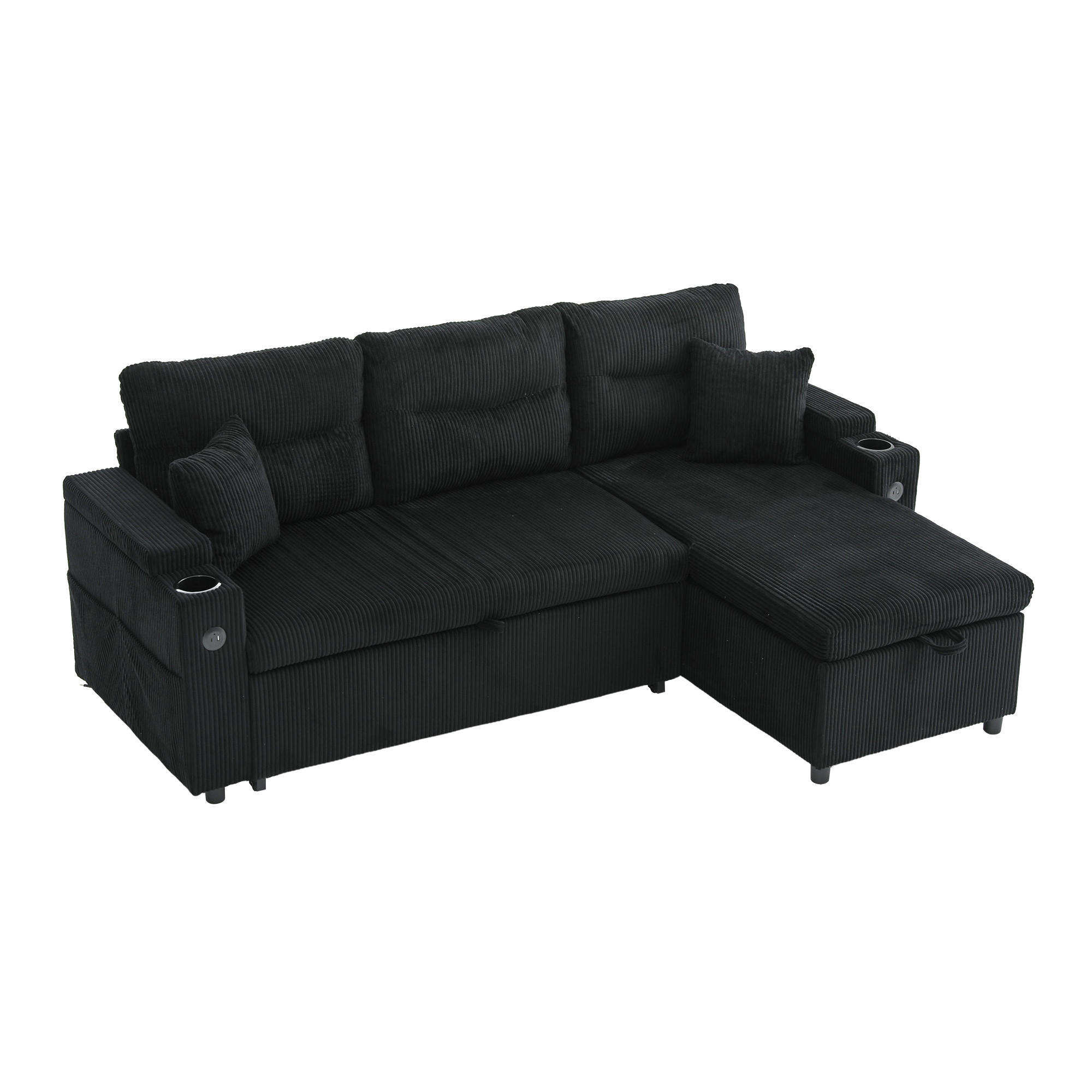 3-SITZER Eckschlafsofa Cord mit Stauraum und USB-Anschluss Schwarz 212,5/136/86 cm - Schwarz, Textil (136/212.5cm) - Redom