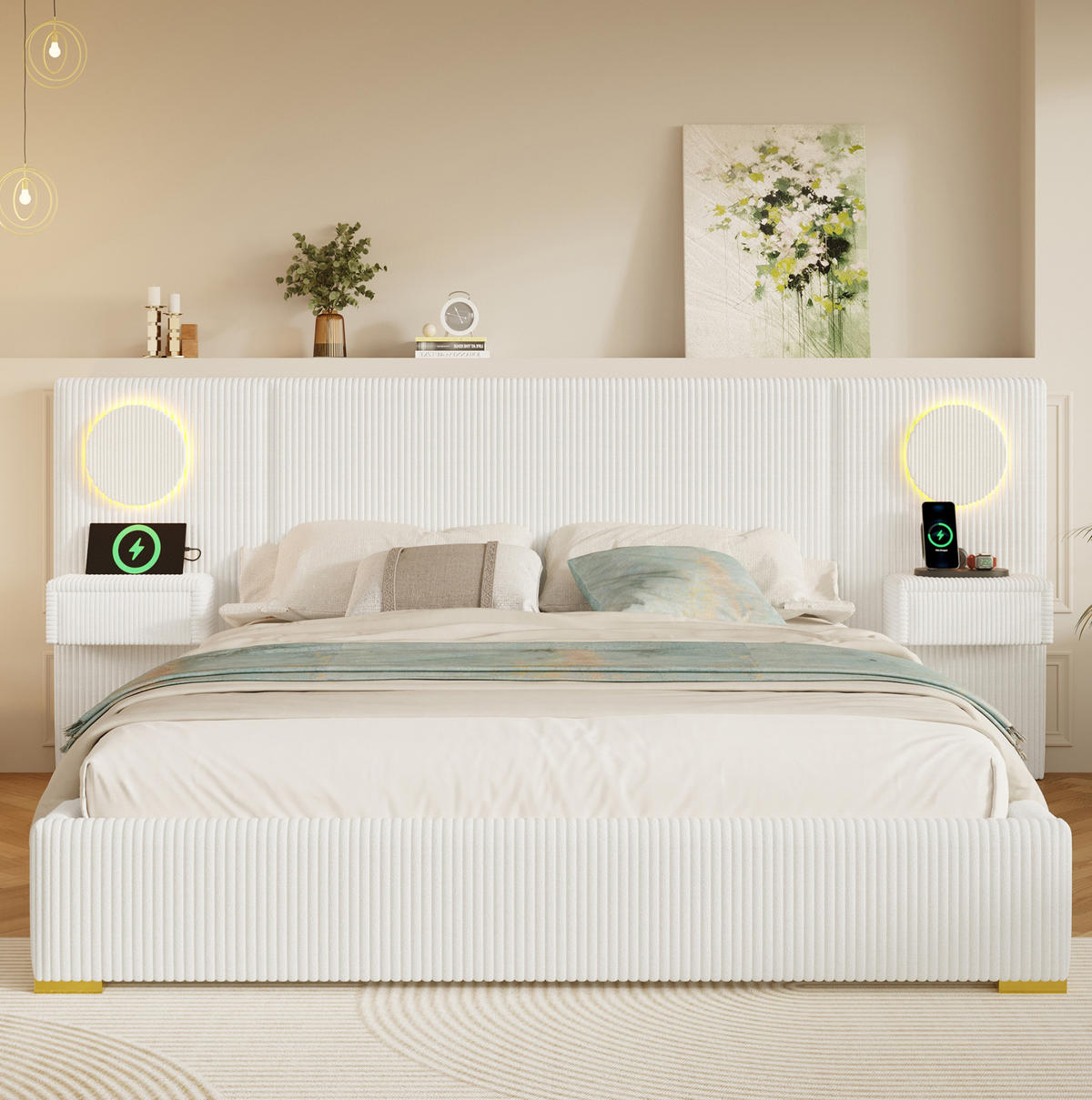 POLSTERBETT 180/200 cm in Beige aus Samt mit LED-Beleuchtung und USB-Anschlüssen - Beige, Textil (180/200cm) - Flora Grace