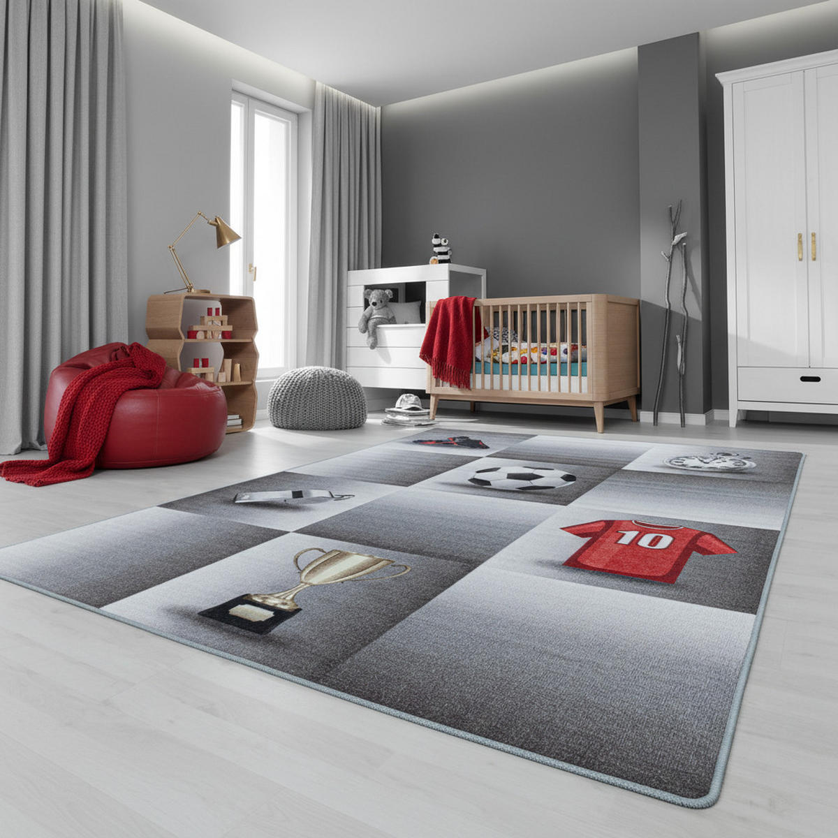 TEPPICH Kinderzimmer Fußball Bunt Waschbar Spielzimmer Strapazierfähig Grau 100x150 cm Flur – TRAUN - Grau, Textil (100/150cm) - KADIMA DESIGN