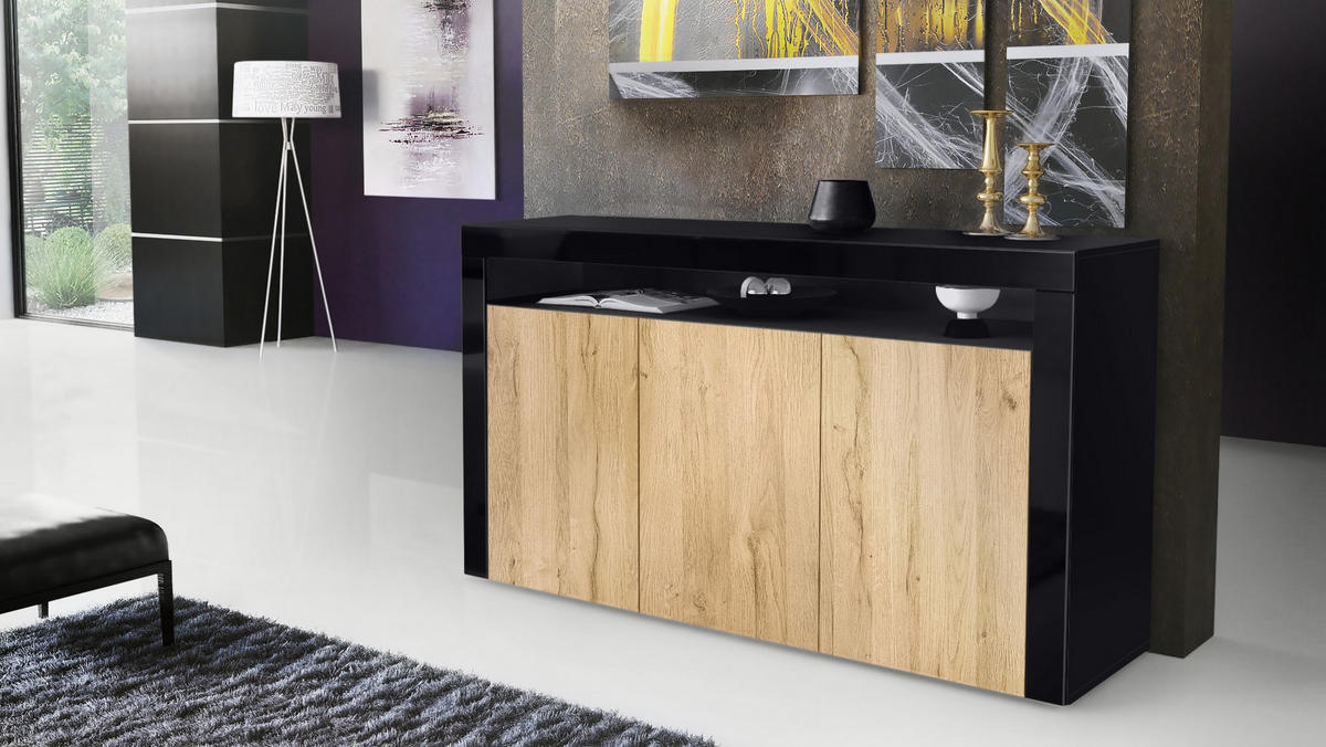 SIDEBOARD Valencia Eiche Natur/ Schwarz Hochglanz - Eichefarben, Holzwerkstoff (155/92/40cm) - Vladon