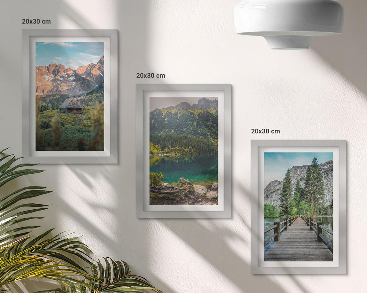 WANDBILDER 3er Set - 20x30 cm Silberner Rahmen - Berglandschaft See Brücke - Silberfarben, Kunststoff (20/30cm) - ArtPrintCave