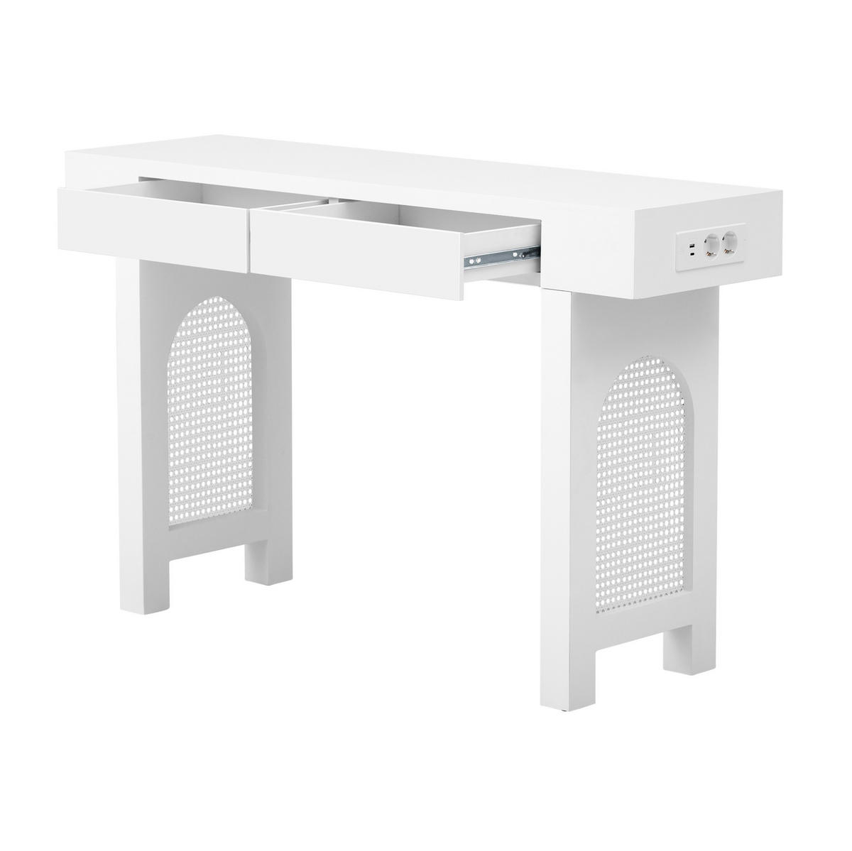 KONZOLOVÝ stolek z MDF 120x35,5x76,5 cm bílý se 2 zásuvkami, USB, Type-C a nastavitelnými nožkami - bílá, kompozitní dřevo (35.5/120/76.5cm) - Modfu