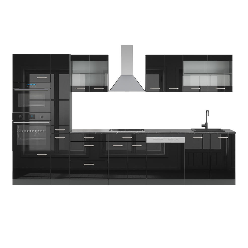 KÜCHENZEILE R-Line Schwarz Hochglanz/Anthrazit 350 cm mit Hochschrank ohne AP - Schwarz Hochglanz/Anthrazit, Holzwerkstoff (350/81.6/46cm) - Vicco
