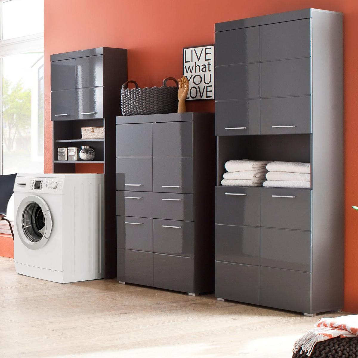 WASCHMASCHINENSCHRANK grau Hochglanz 63 x 187 cm, Waschmaschinenüberbau mit Stauraum - Grau, Holzwerkstoff/Kunststoff (63/187/24cm) - Top.Furn