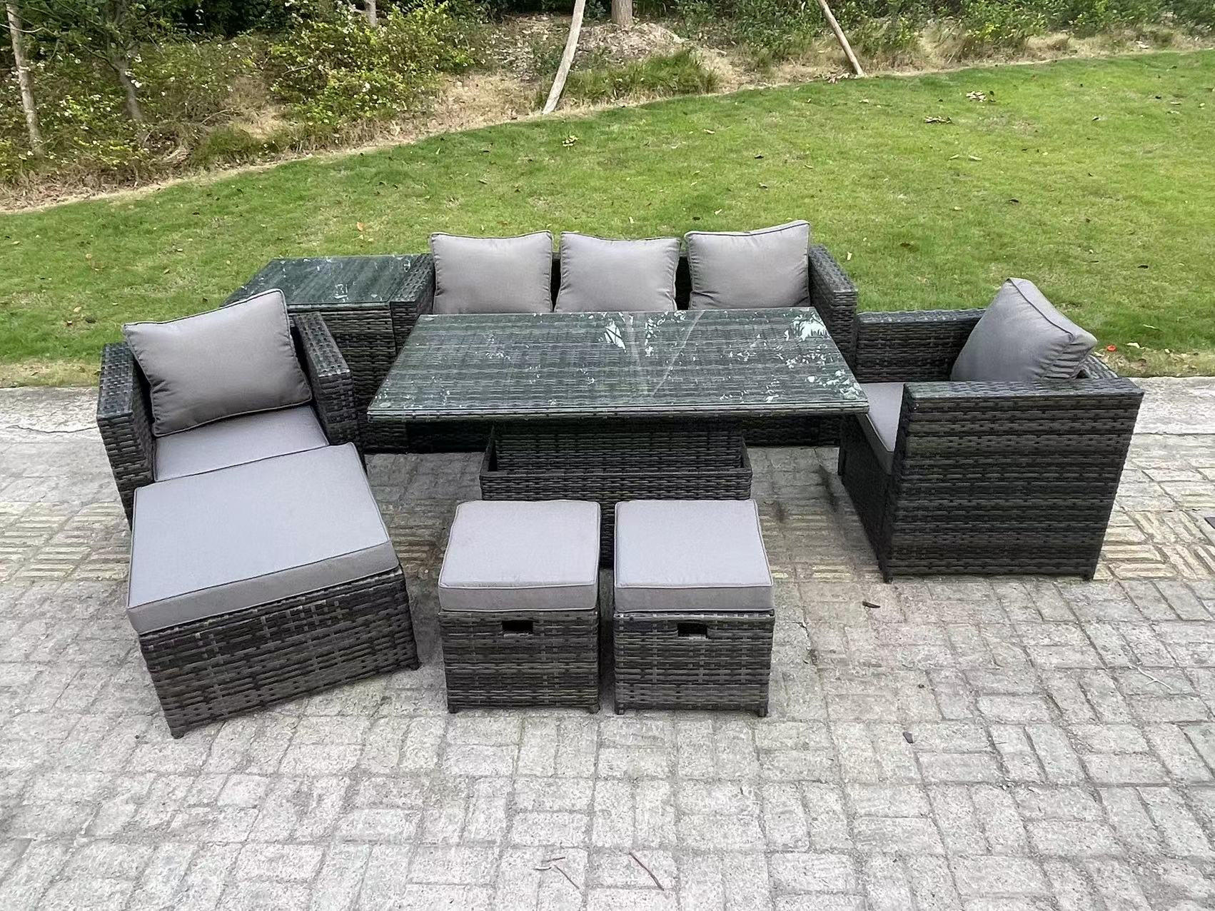GARTENTISCHGRUPPE Polyrattan 8-Sitzer - Dunkelgrau/Grau, Glas/Kunststoff - Fimous