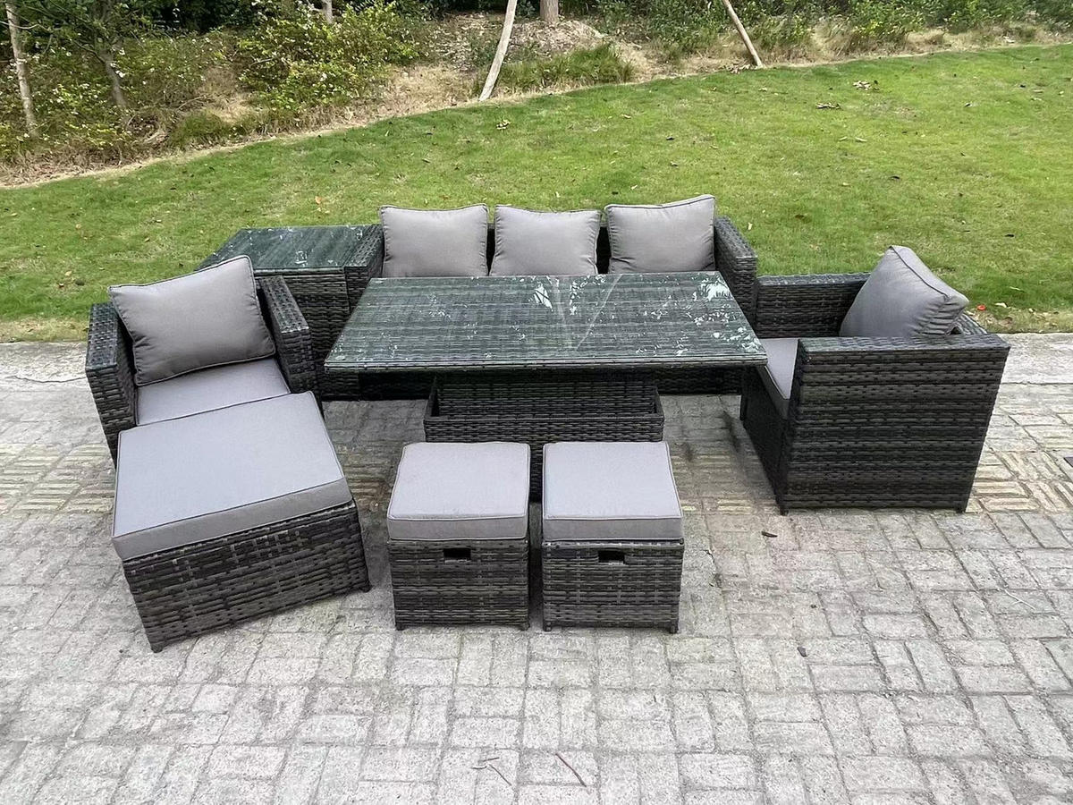 GARTENTISCHGRUPPE Polyrattan 8-Sitzer - Dunkelgrau/Grau, Glas/Kunststoff - Fimous