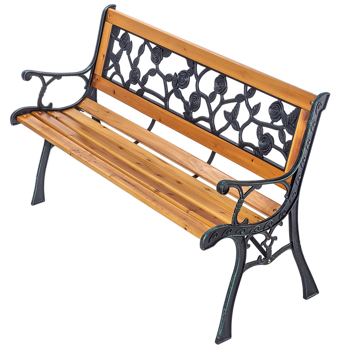 GARTENBANK aus Holz und Gusseisen, 2-Sitzer Holzbank mit Armlehnen & Rückenlehne - Hellbraun, Holz (52/73.5/127cm) - KADAX