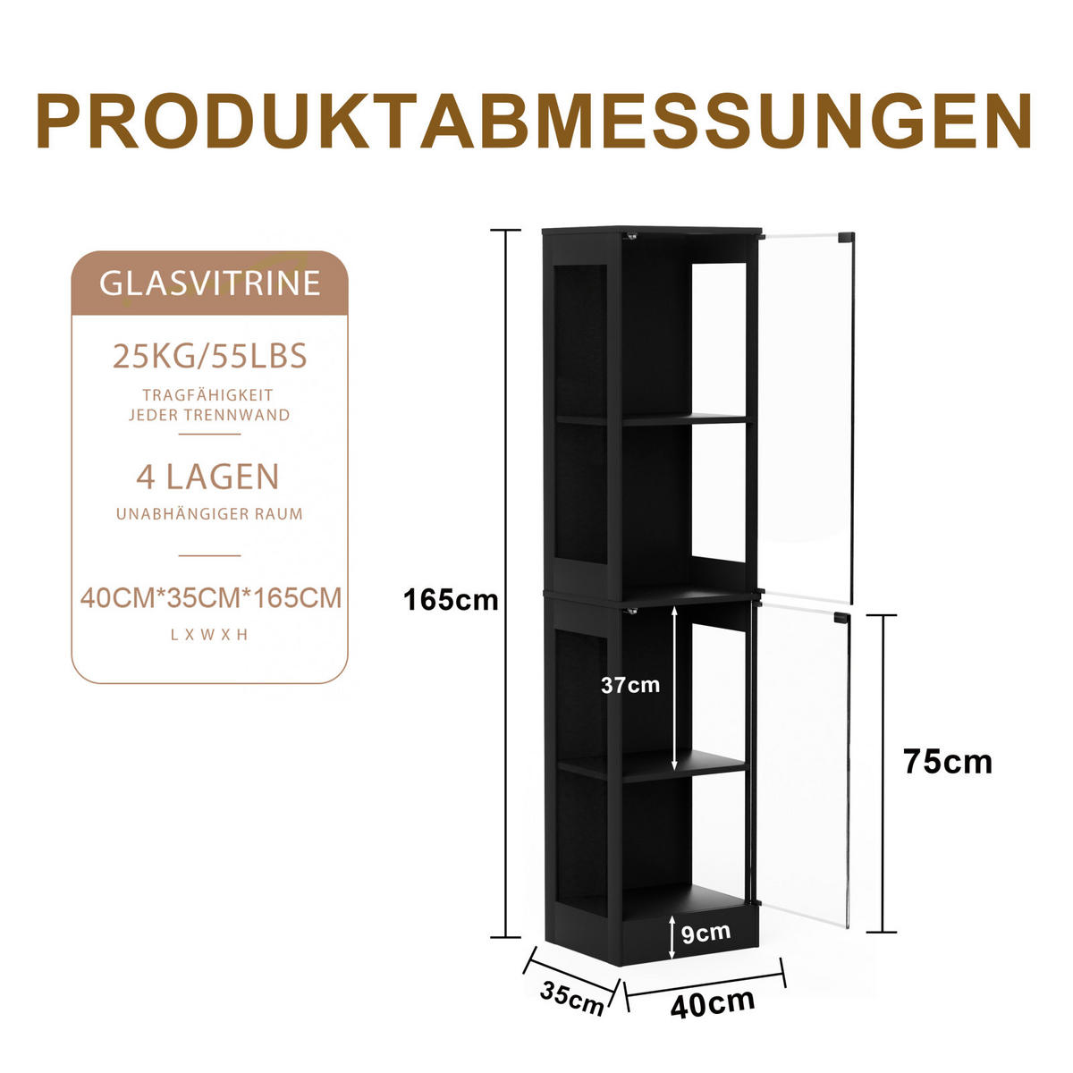 VITRINENSCHRANK mit LED Beleuchtung und Ladestation Schwarz - Schwarz, Glas (40/165/30cm) - PARAFTA HOME