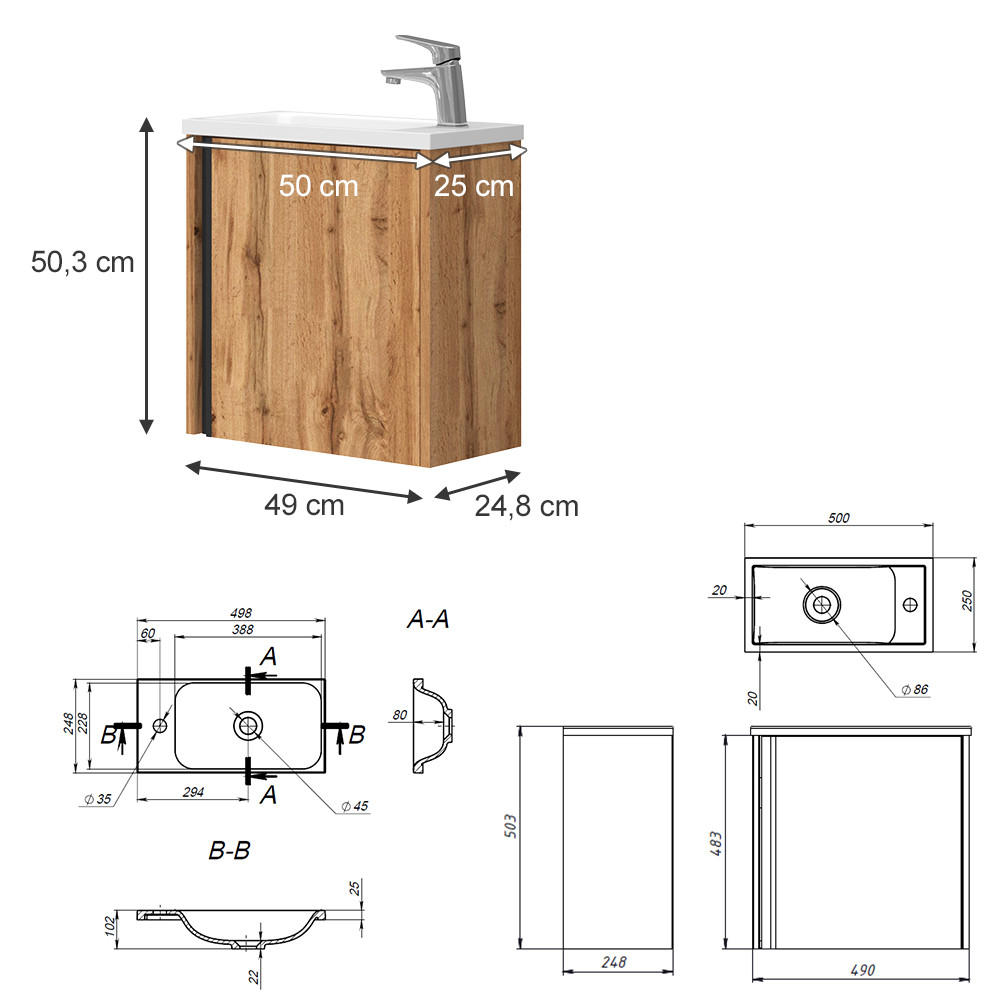 Thumbnail - Vicco Badmöbel-Set, Honigeiche, Holzwerkstoff, 1 Fächer, nicht einzeln stellbar,Rechteckig, 49x50x24 cm, Badezimmer, Bad...