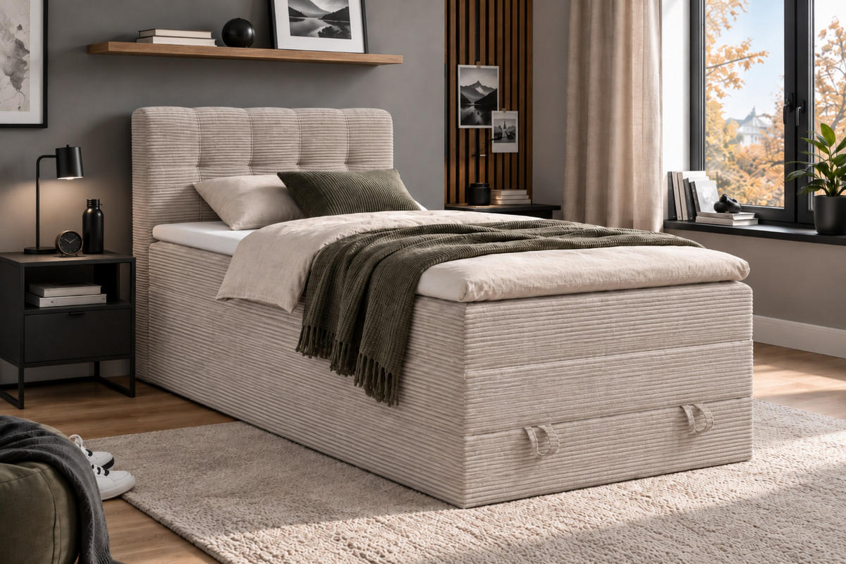 BOXSPRINGBETT JUNG 2 100/200 Cord Ecru mit Matratzen H3 + H4 - Ecru, Holz/Holzwerkstoff (100/200cm) - Deine Möbel 24