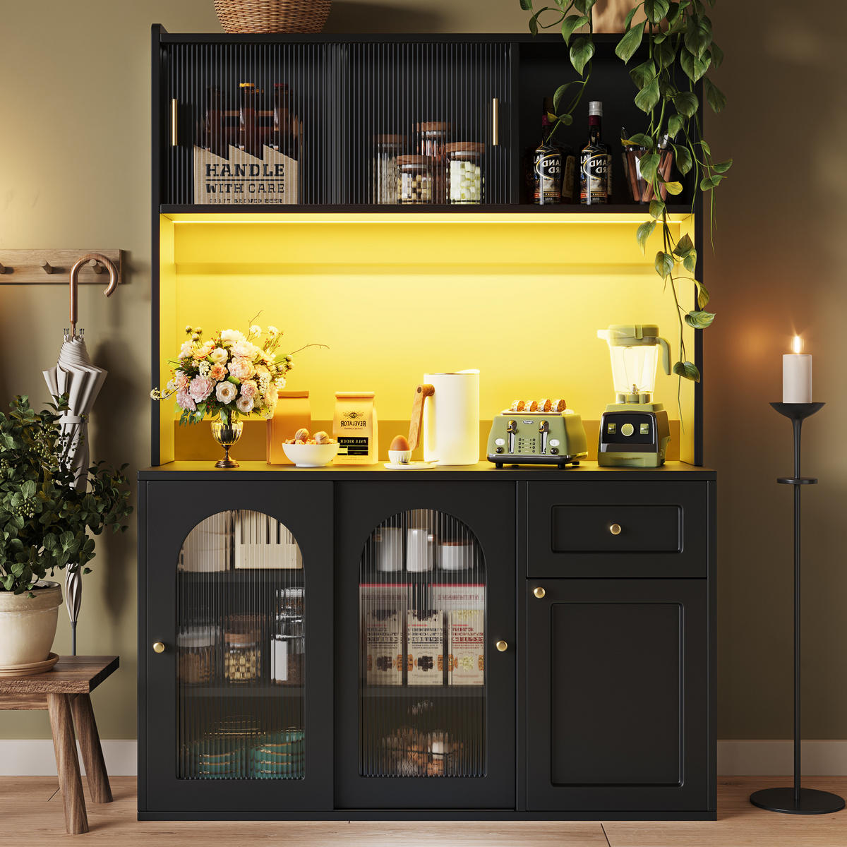 ANRICHTE Küchenschrank 120/35/167 cm aus MDF und Holzwerkstoff mit LED-Beleuchtung Schwarz - Schwarz, Holzwerkstoff (120/167/35cm) - Modenvie