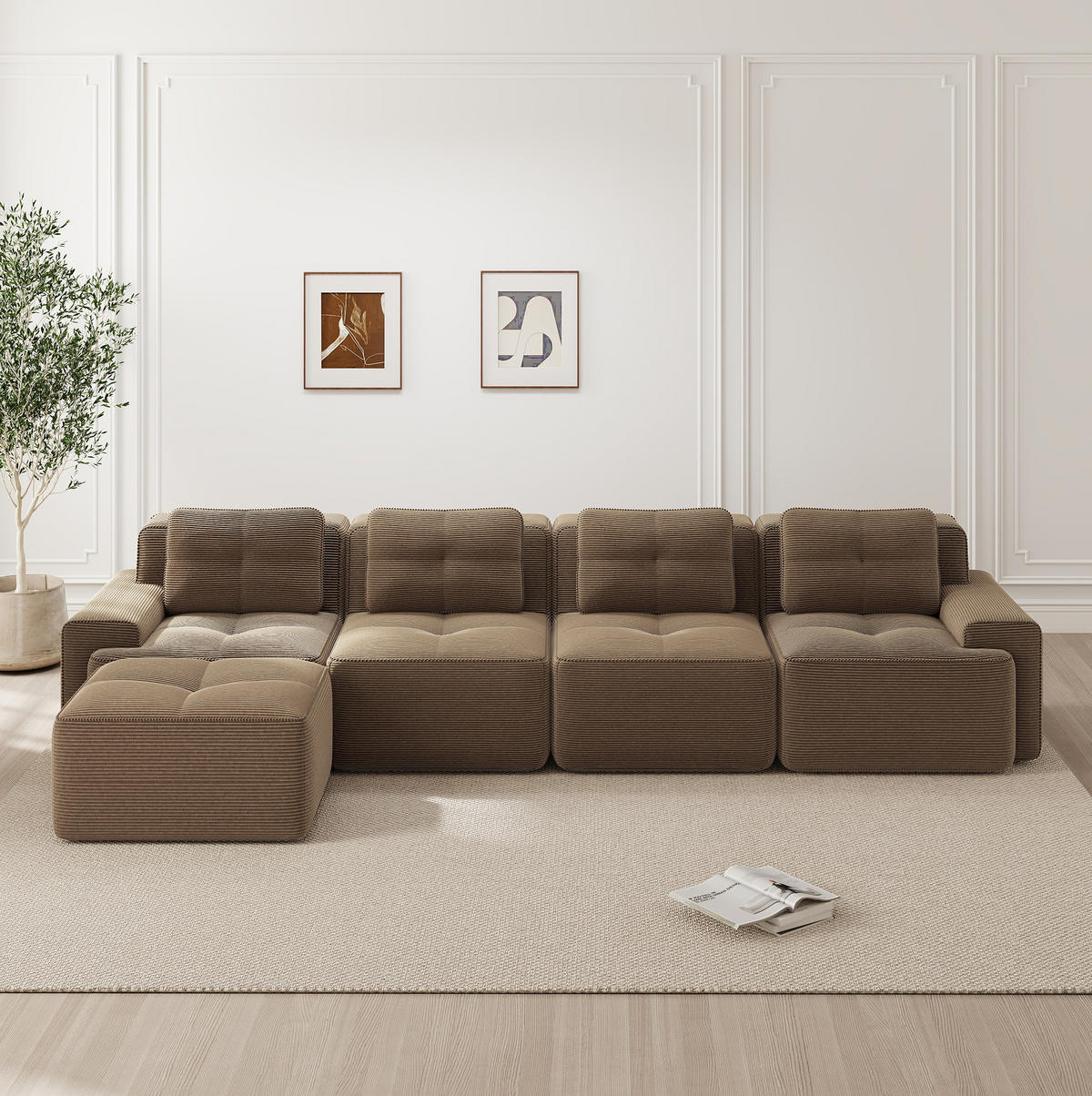 MODULÁRNÍ bezrámová pohovka z manšestru 382x177x69 cm hnědá s hlubokým sedem, protiskluzovou základnou a bez montáže - hnědá, textil (177/382cm) - Modfu