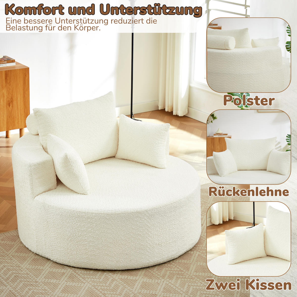 SESSEL ohne Montage mit Rückenkissen und zylindrischem Kopfkissen, Beige - Beige, Textil (127/85/127cm) - Redom