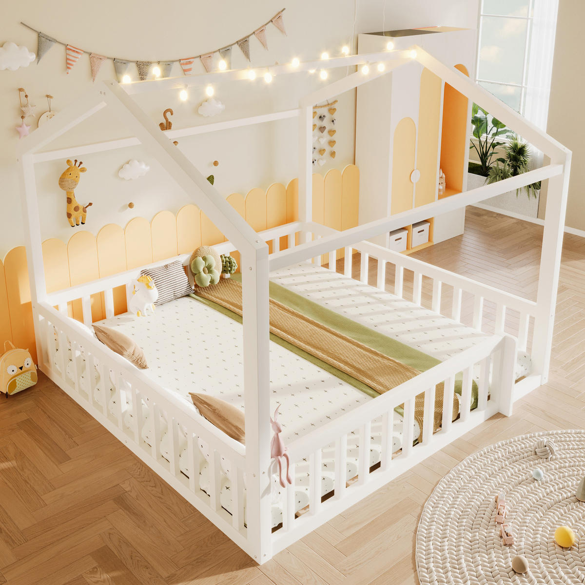 KINDERBETT aus Kiefernholz 90x190/180x190 cm Weiß mit Schutzgitter, Hausrahmen und LED-Beleuchtung - Weiß, Holzwerkstoff (90/190cm) - IVMEU