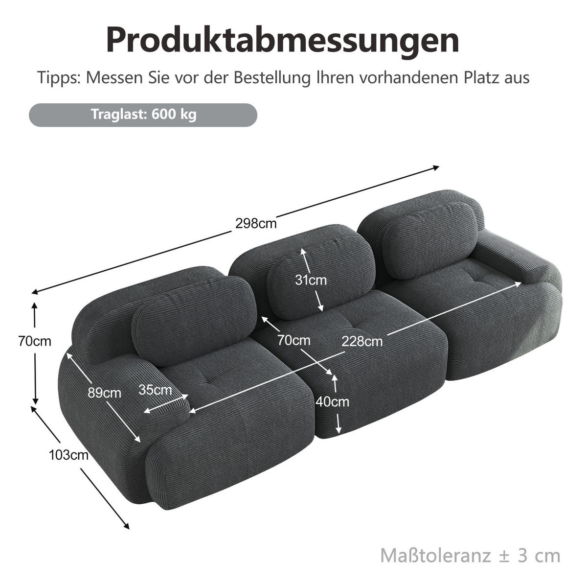 SOFA in Grau aus Cord mit rutschfester Unterseite - Grau, Textil (103/70/298cm) - Flora Grace