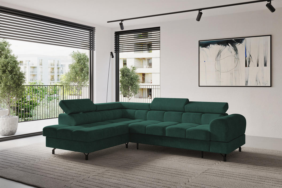 ECKSOFA mit Schlaffunktion Ottomane Links LUMA-L 272x203x70 Grün Velours - Schwarz/Grün, Holzwerkstoff/Kunststoff (272/203cm) - ALTDECOR