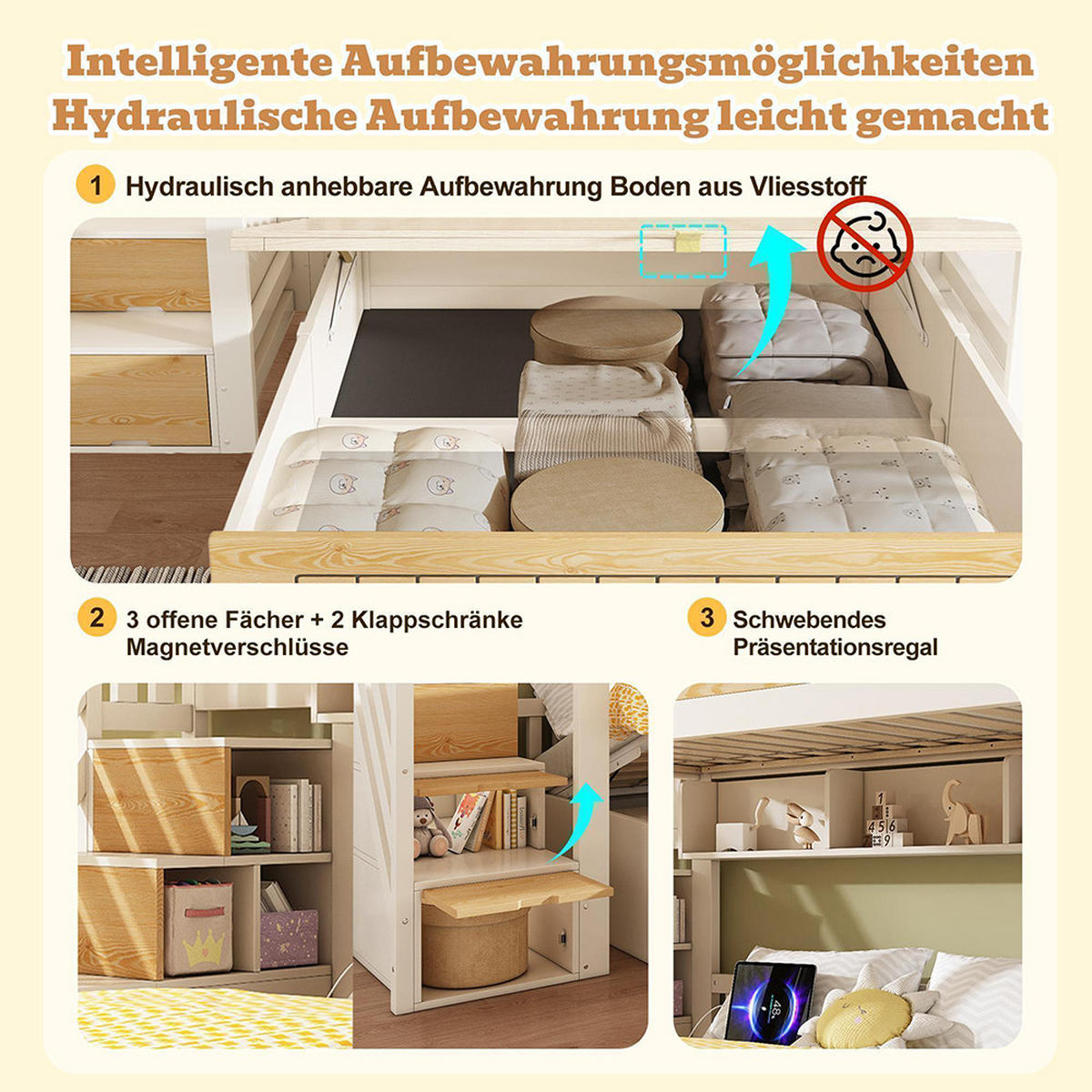 ETAGENBETT 90x200 & 140x200 cm mit hydraulischem Stauraum, Versetztes Familienbett - Naturfarben, Holz