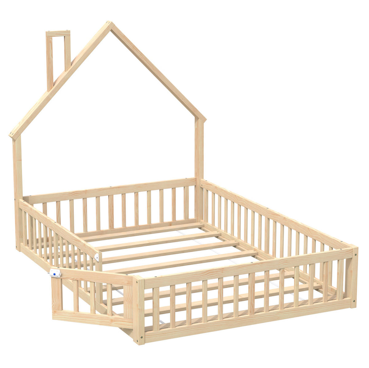 HAUSBETT 140/200 cm aus Kiefernholz – mit Dachaufbau und Sicherheitsgitter - Naturfarben, Holzwerkstoff (140/200cm) - BEAOK