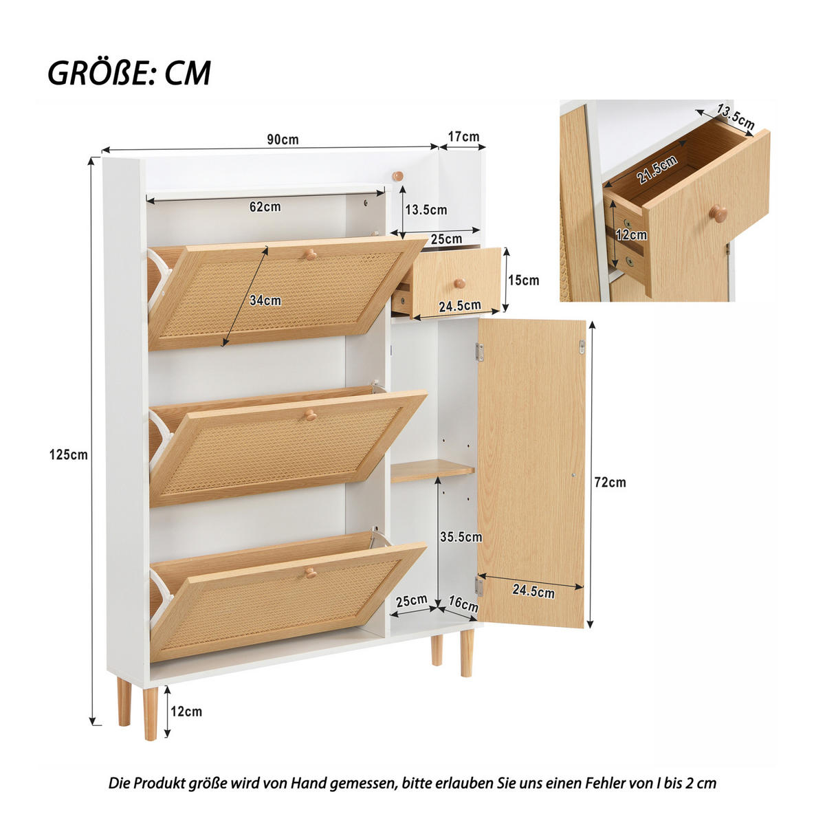 SCHUHSCHRANK Rattanoptik Weiß mit 3 Klappen, Schublade und Massivholzbeinen - Naturfarben, Holz (90/125/17cm) - PARAFTA HOME