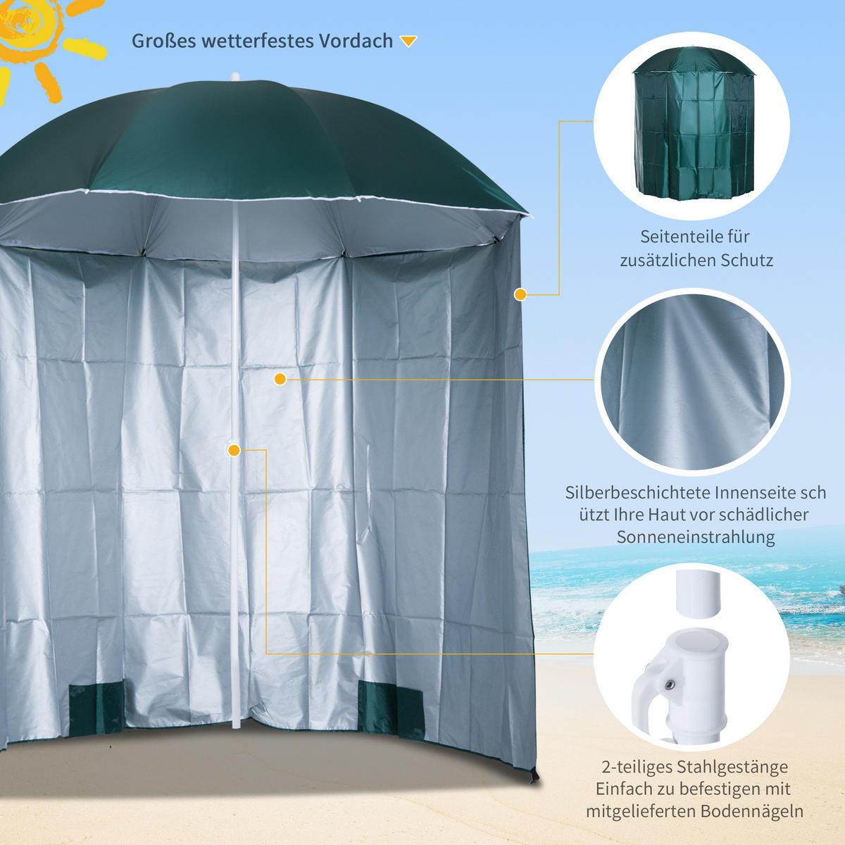 SONNENSCHIRM mit Seitenwand Strandschirm Sonnenschutz Strand Polyester 220cm - Dunkelgrün, Metall (220/220cm) - Outsunny
