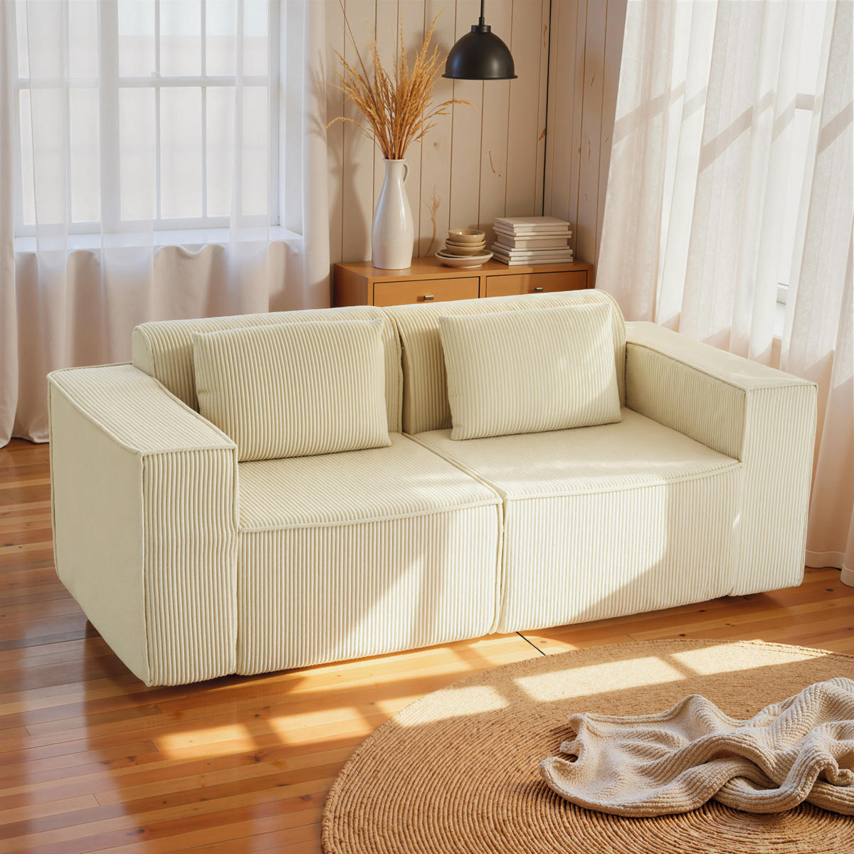 3-SITZER-SOFA DE-13482 mit breiten Armlehnen, Kordelsamt Beige - Beige, Textil (90/76/202cm) - ComfortXL