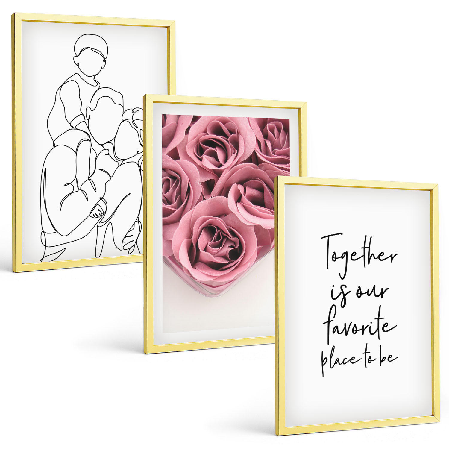 BILDER SET 3er Set - 40x60 cm Goldrahmen - Rosensträuße als Familienzeichnung - Goldfarben, Kunststoff (40/60cm) - TULUP