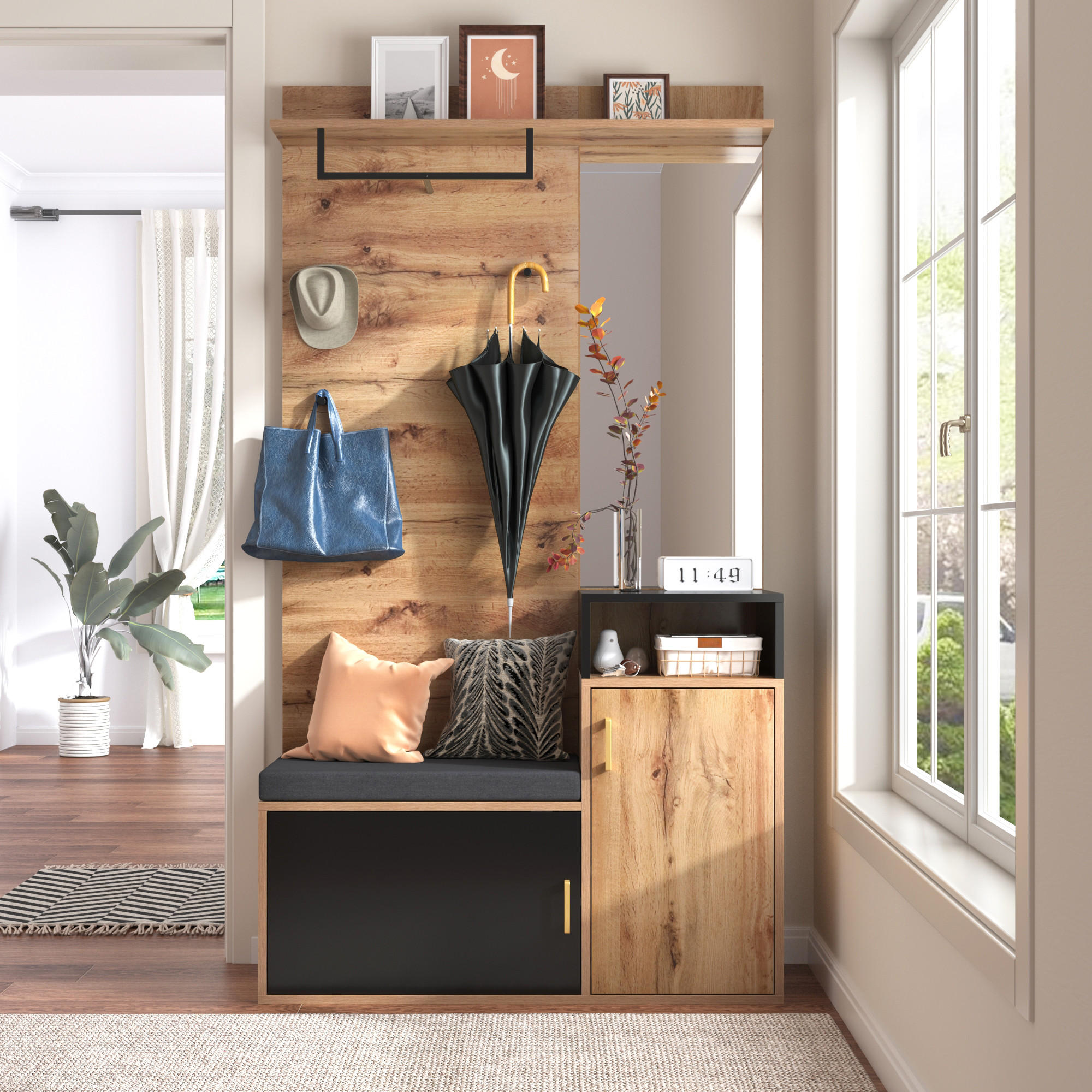GARDEROBENSET Spiegel Haken Schuhbank - Schwarz, Holz (105/191.5/40cm) - LEBENLANG