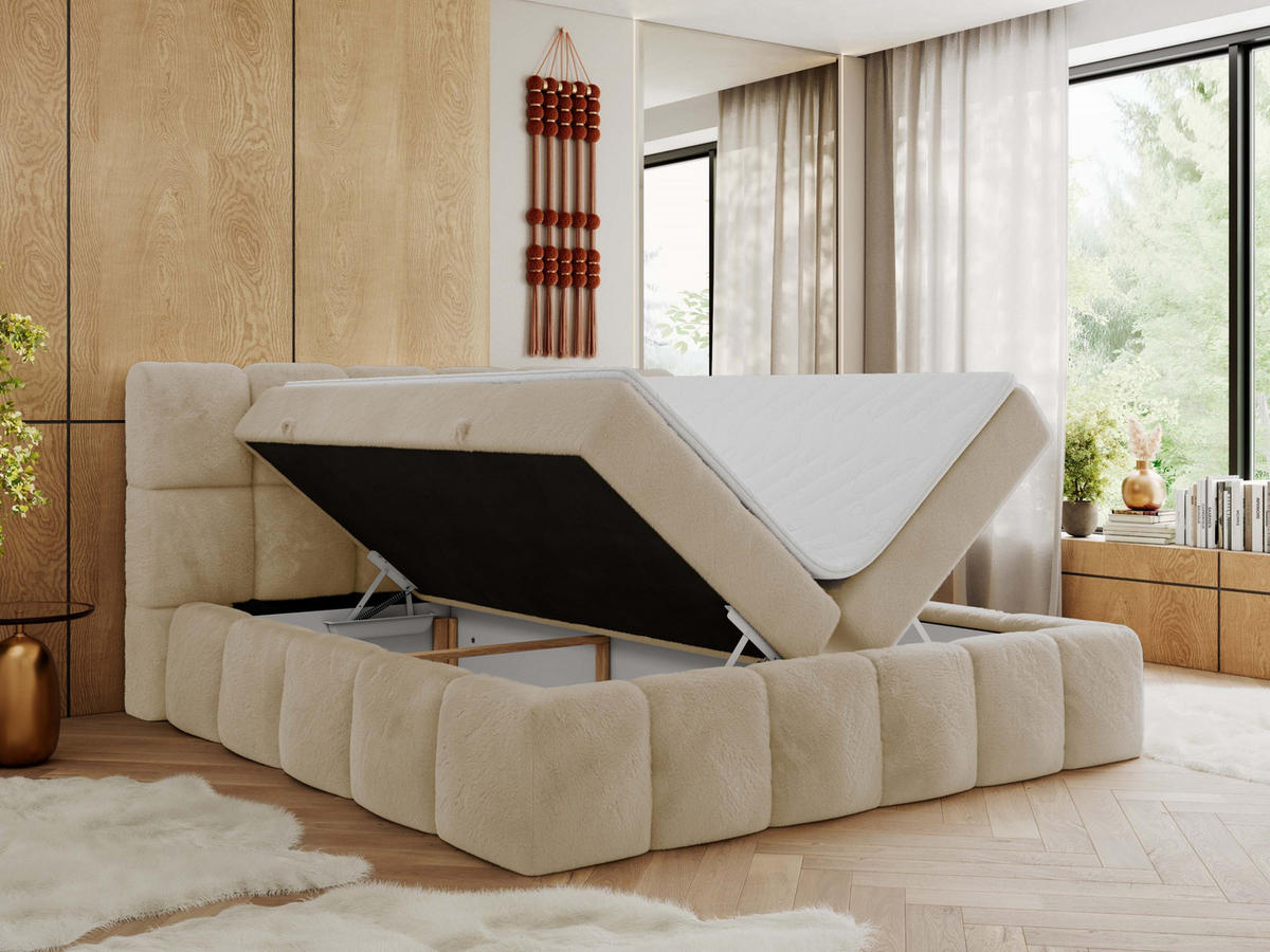 BOXBETT NIRA 200/200 - Creme Plüsch - H3 - Creme, Holz/Textil (200/200cm) - MKS