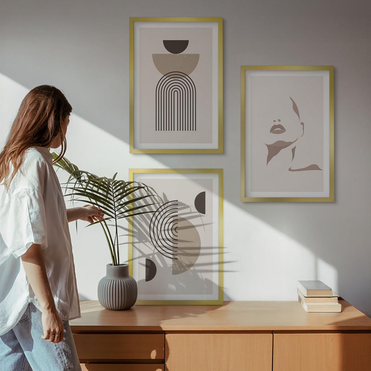 BILDER SET 3er Set - 40x60 cm Goldrahmen - Abstrakte Formen und Gesicht - Goldfarben, Kunststoff (40/60cm) - TULUP