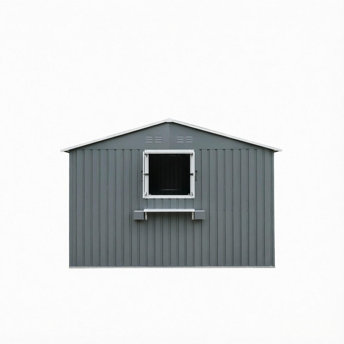 GERÄTEHAUS 359.4/284.2/206.9 cm Grau mit 3 öffenbaren Fenstern, abschließbaren Doppeltüren und Blumenregal (10,21 m²) - Grau, Metall (303.8/204.9/370.8cm) - Oxeza