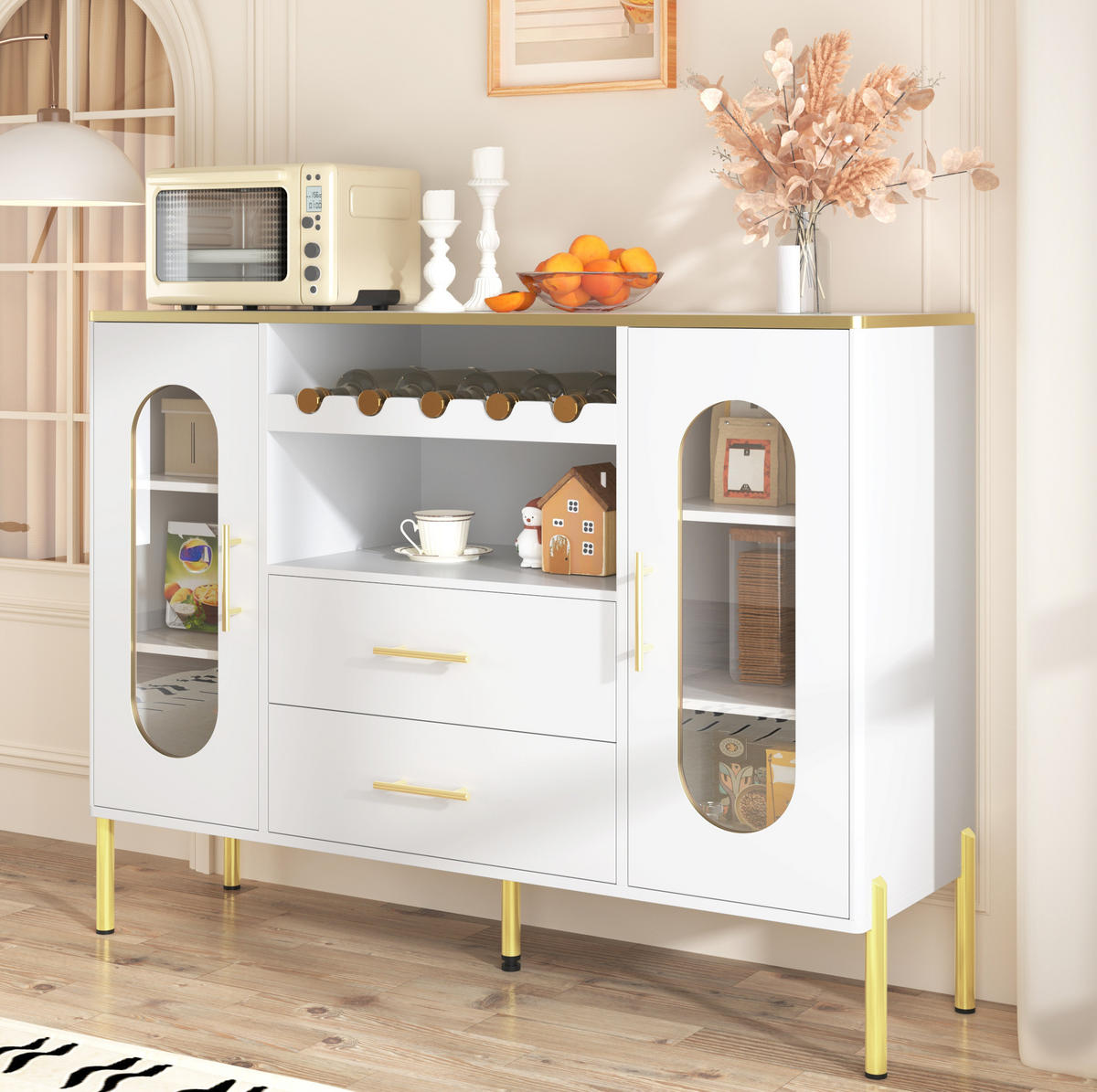 SIDEBOARD 120/38/90 cm Weiß aus MDF mit Glasfronten und Weinregal - Weiß, Holzwerkstoff (120/90/38cm) - OKWISH